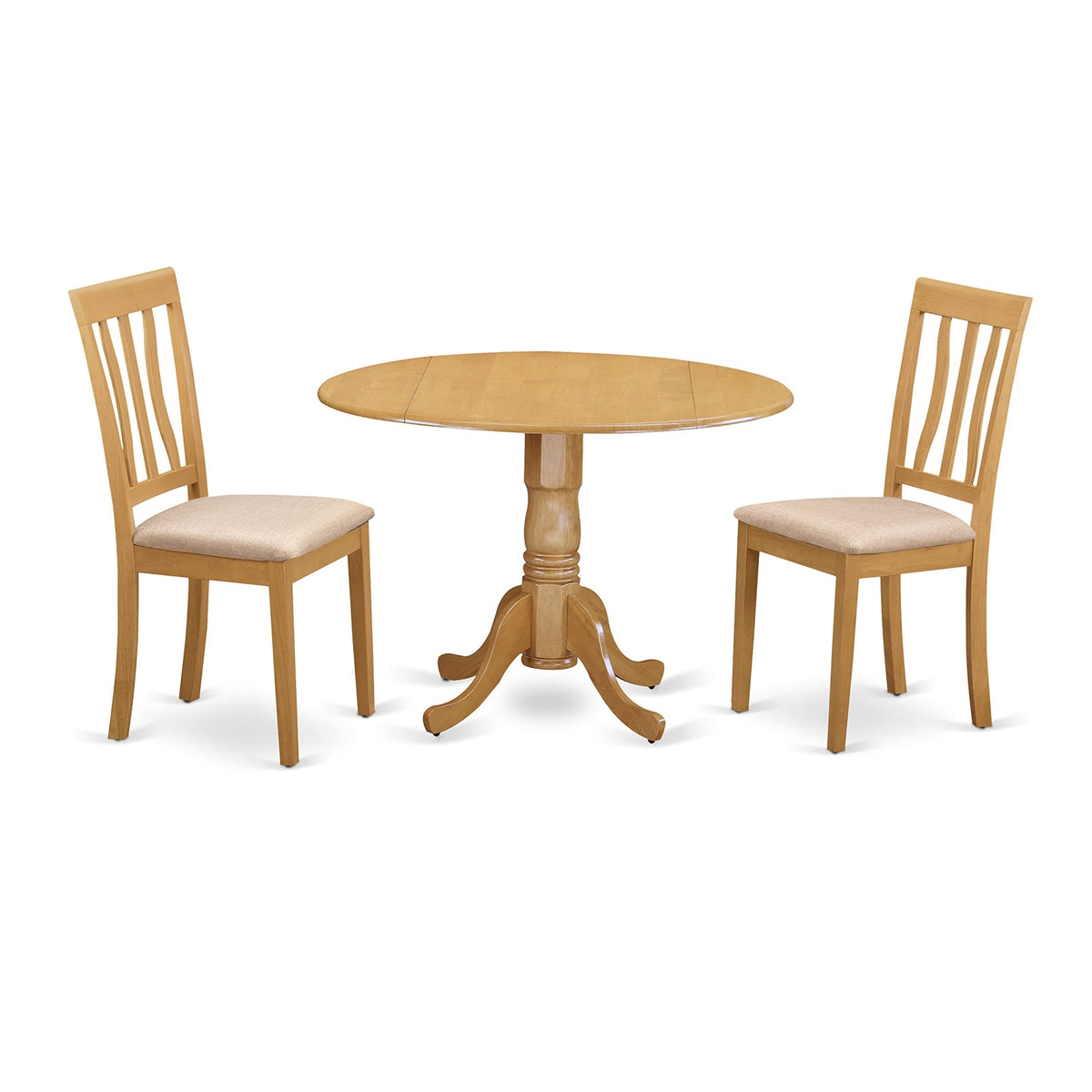 Casafoyer Dlan3-Oak-C 3 Piece Kitchen Table & Chairs Set Contains A Round Dining Room Table With Dropleaf And 2 Linen Fabric Upholstered Dining Chairs, 42X42 Inch, Oak