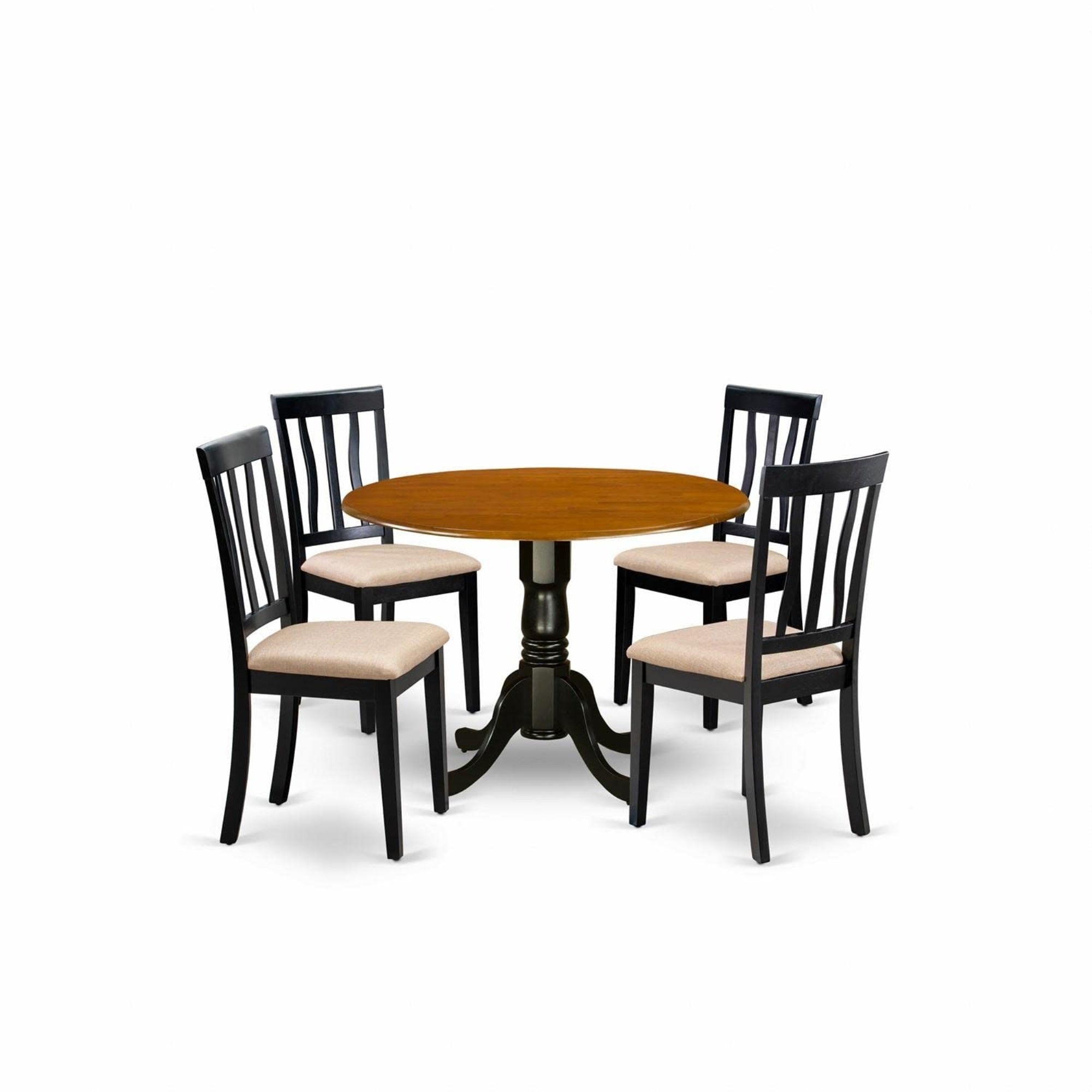 Casafoyer Dlan5-Bch-C 5 Piece Dining Table Set For 4 Includes A Round Kitchen Table With Dropleaf And 4 Linen Fabric Kitchen Dining Chairs, 42X42 Inch, Black & Cherry