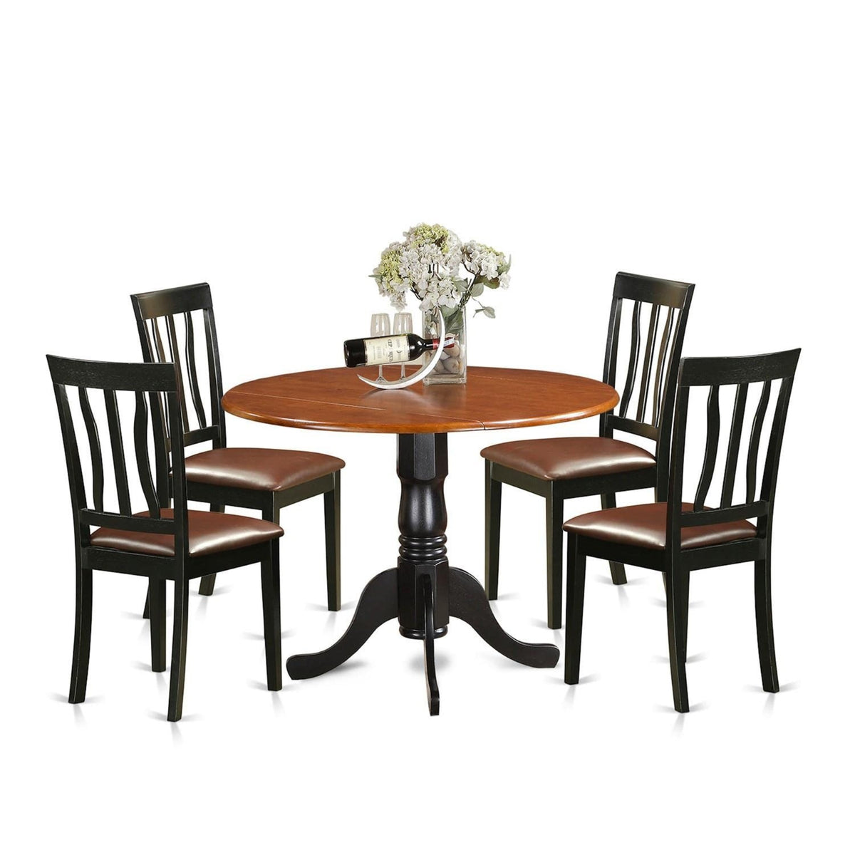 Casafoyer Dlan5-Bch-Lc 5 Piece Dining Room Furniture Set Includes A Round Kitchen Table With Dropleaf And 4 Faux Leather Upholstered Dining Chairs, 42X42 Inch, Black & Cherry
