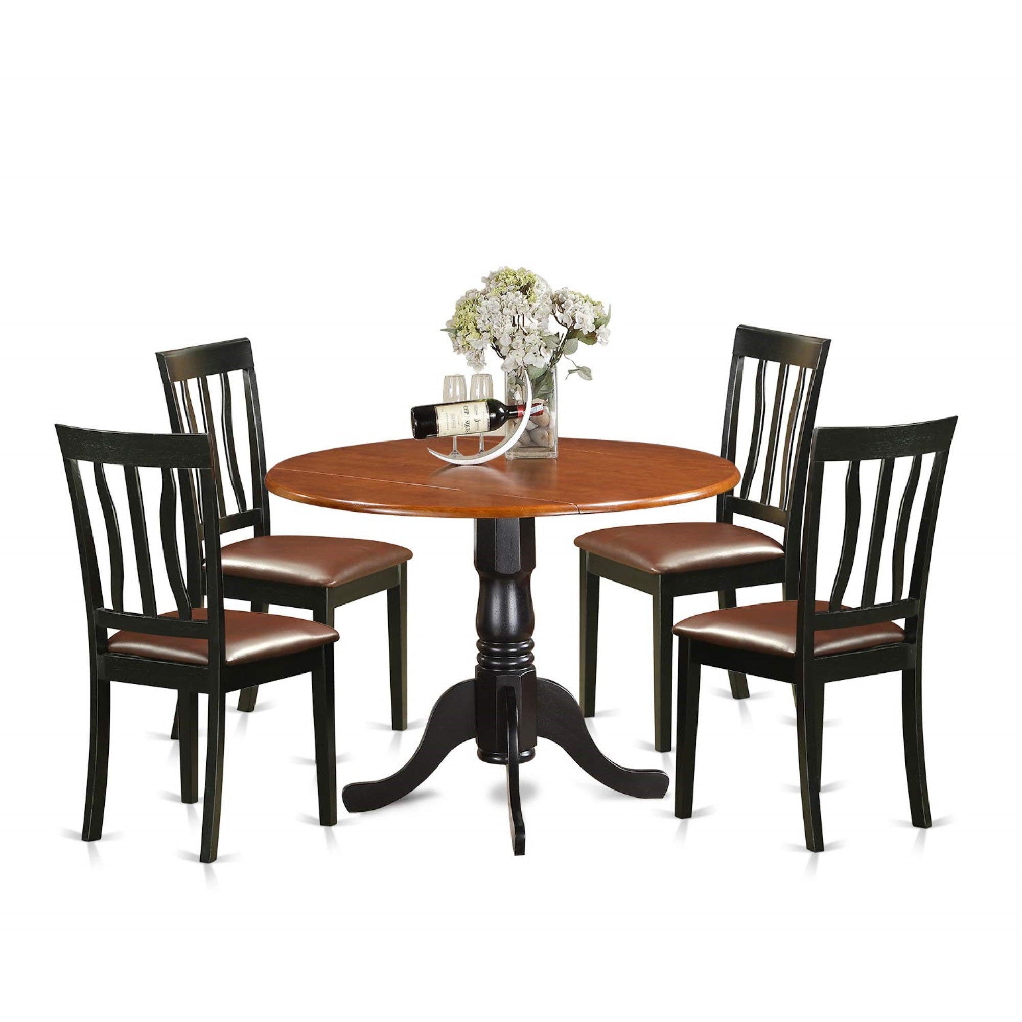 Ergode Dlan5-Bch-Lc, 5 Piece Dining Set, Round Table With Dropleaf, 4 Faux Leather Chairs, 42X42 Inch, Black & Cherry