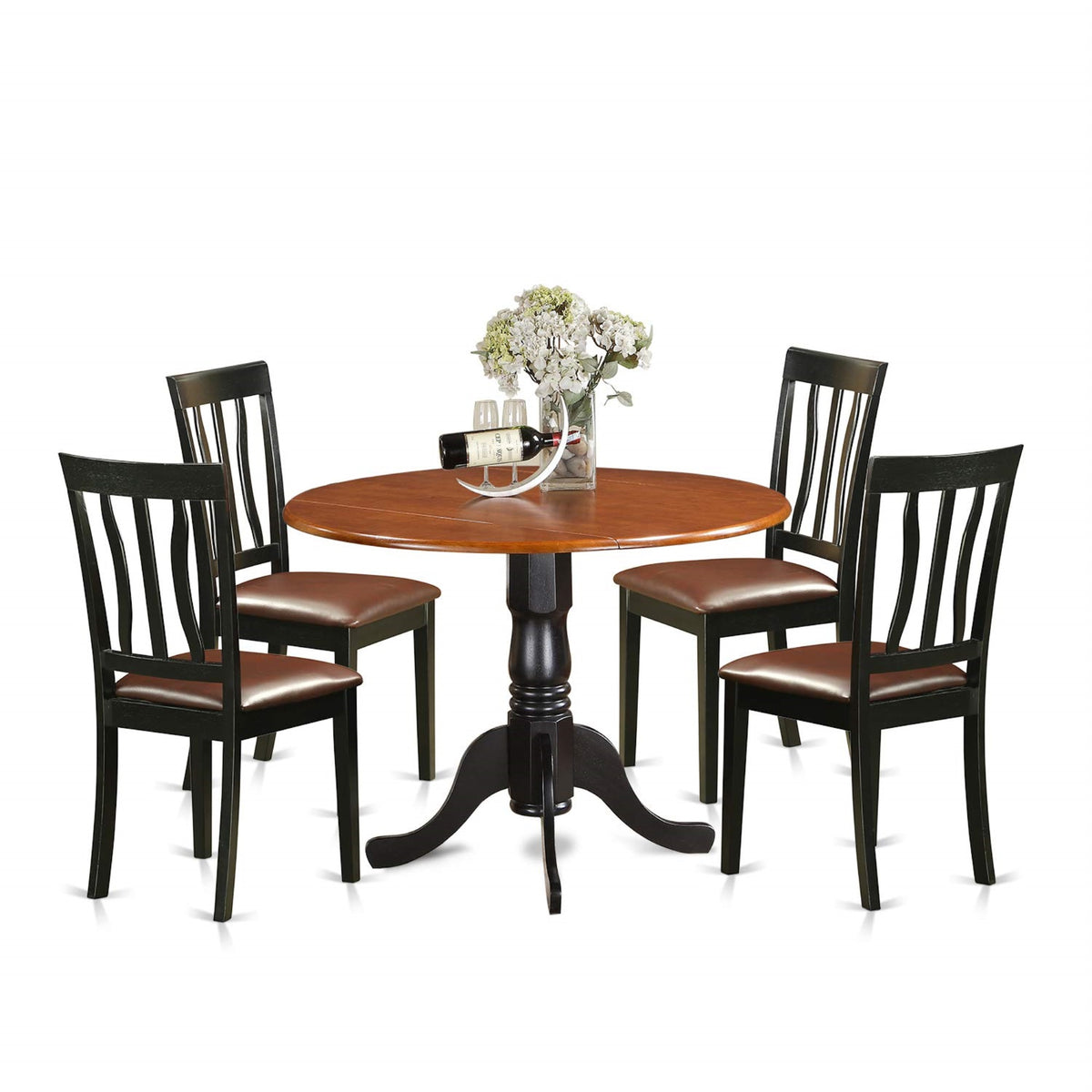 Ergode Dlan5-Bch-Lc, 5 Piece Dining Set, Round Table With Dropleaf, 4 Faux Leather Chairs, 42X42 Inch, Black & Cherry