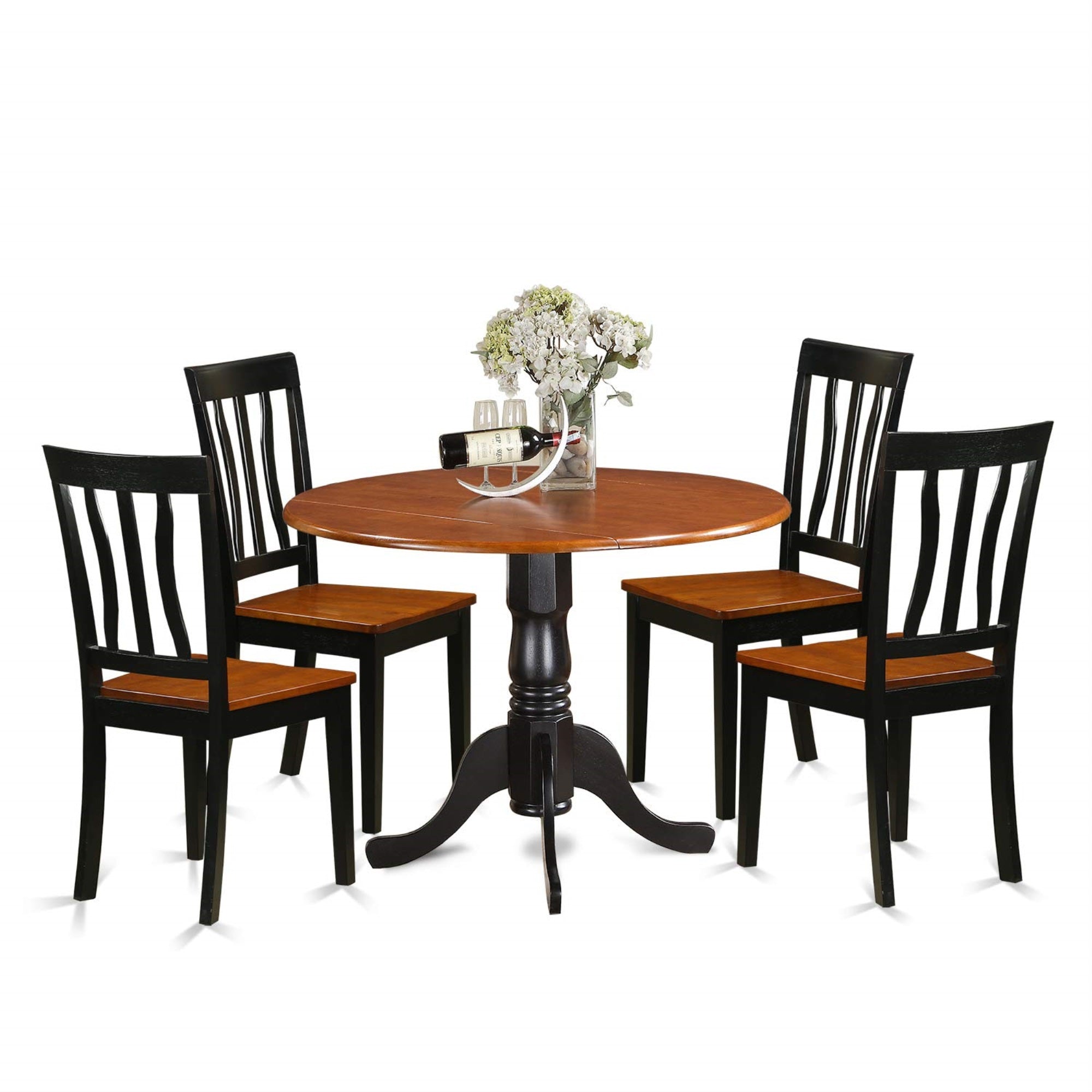 Ergode Dlan5-Bch-W, 5-Piece Dinette Table Set, Round Tabletop With Dropleaf, 4 Chairs, Asian Wood, Black & Cherry Finish