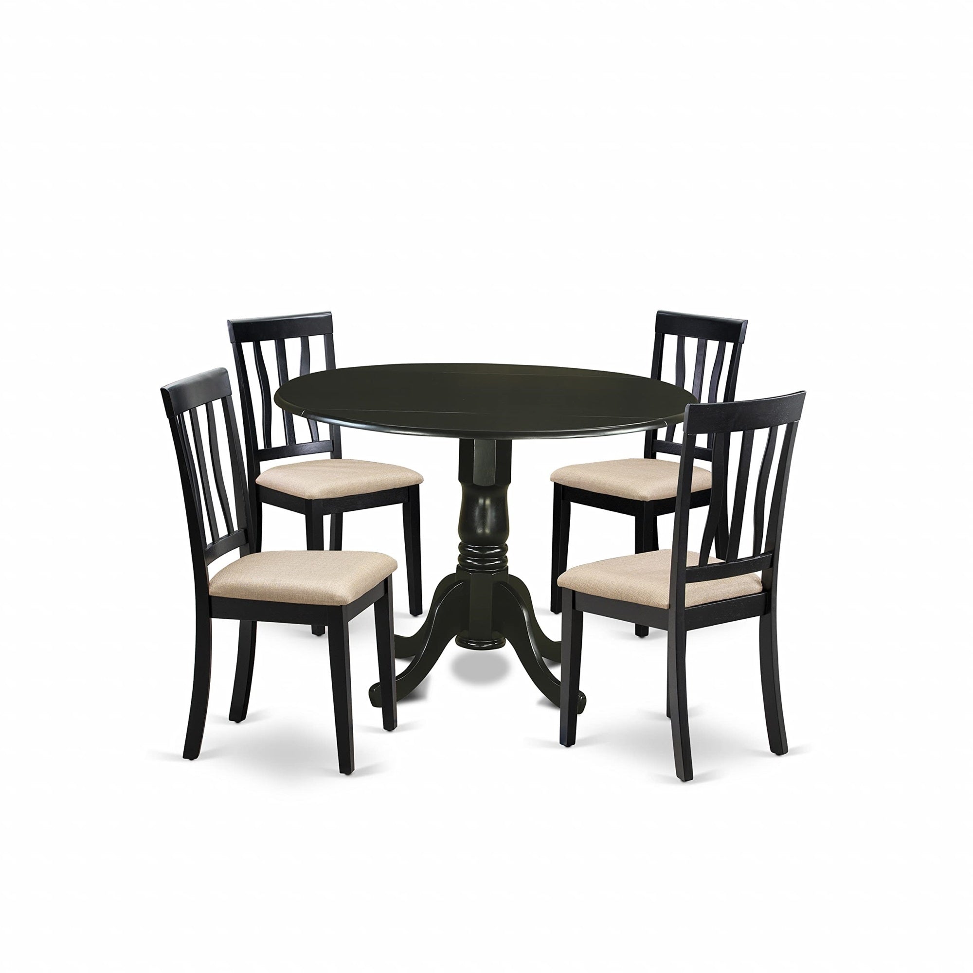 Ergode Dlan5-Blk-C, 5 Piece Dining Set, Round Kitchen Table With Dropleaf, 4 Linen Fabric Upholstered Chairs, 42X42 Inch, Black