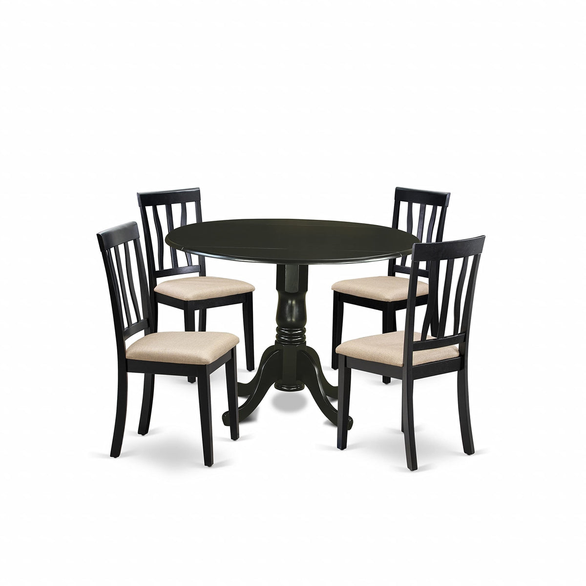 Ergode Dlan5-Blk-C, 5 Piece Dining Set, Round Kitchen Table With Dropleaf, 4 Linen Fabric Upholstered Chairs, 42X42 Inch, Black