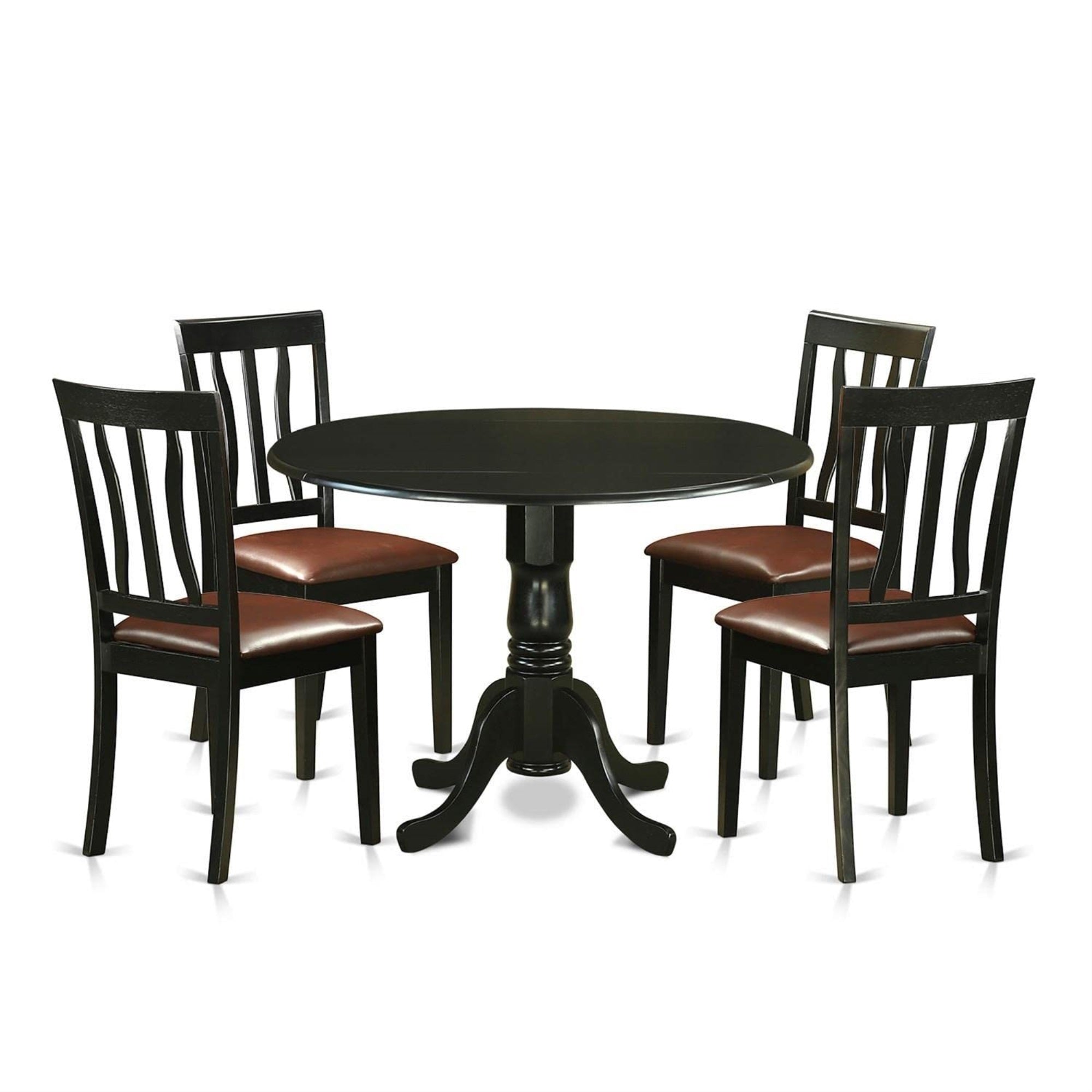 Casafoyer Dlan5-Blk-Lc 5 Piece Dining Table Set For 4 Includes A Round Kitchen Table With Dropleaf And 4 Faux Leather Dining Room Chairs, 42X42 Inch, Black