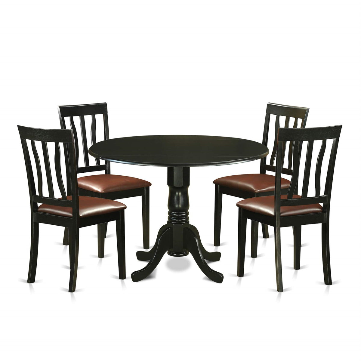 Ergode Dlan5-Blk-Lc, 5-Piece Dining Room Set, Round Table With Dropleaf, 4 Faux Leather Chairs, 42X42 Inch, Black