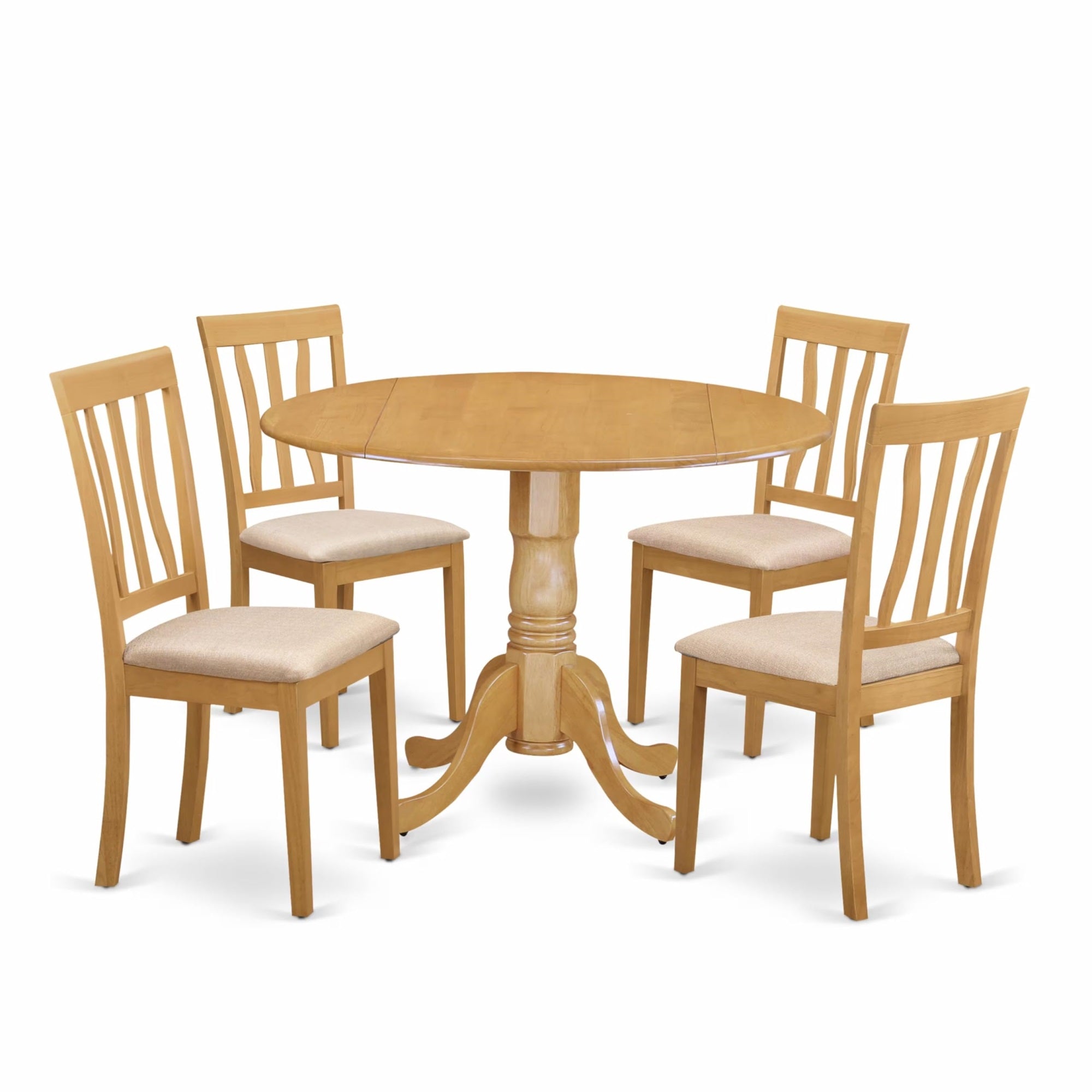 Casafoyer Dlan5-Oak-C 5 Piece Kitchen Table Set For 4 Includes A Round Dining Room Table With Dropleaf And 4 Linen Fabric Upholstered Dining Chairs, 42X42 Inch, Oak