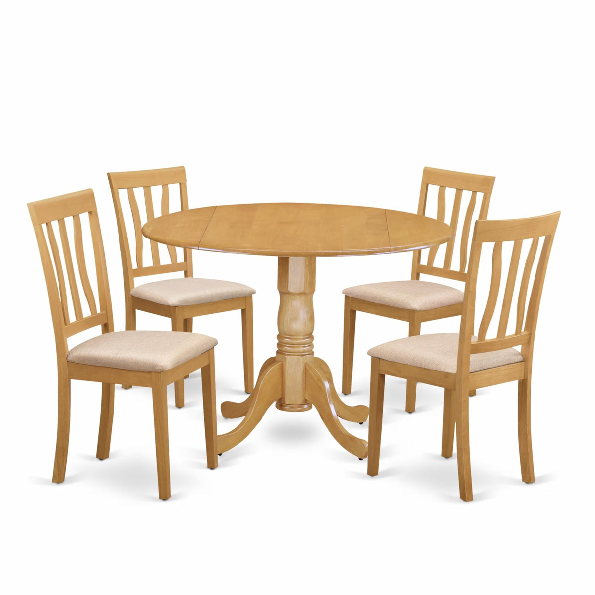 Casafoyer Dlan5-Oak-C 5 Piece Kitchen Table Set For 4 Includes A Round Dining Room Table With Dropleaf And 4 Linen Fabric Upholstered Dining Chairs, 42X42 Inch, Oak