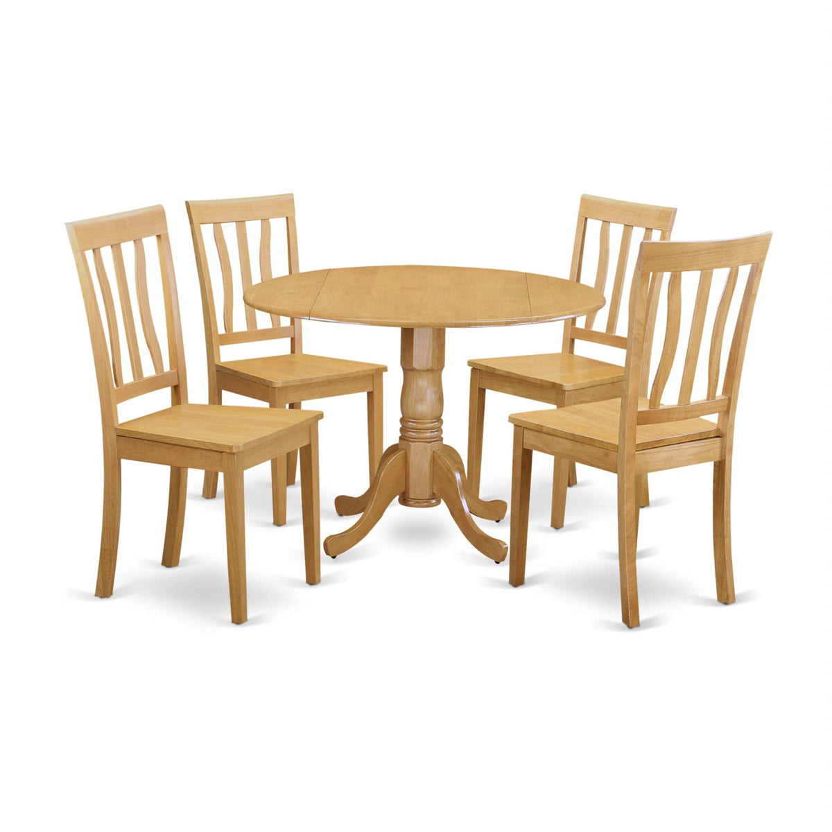 Ergode Dlan5-Oak-W, 5-Piece Kitchen Table Set, Round Dining Table With Dropleaf, 4 Solid Wood Seat Chairs, 42X42 Inch, Oak