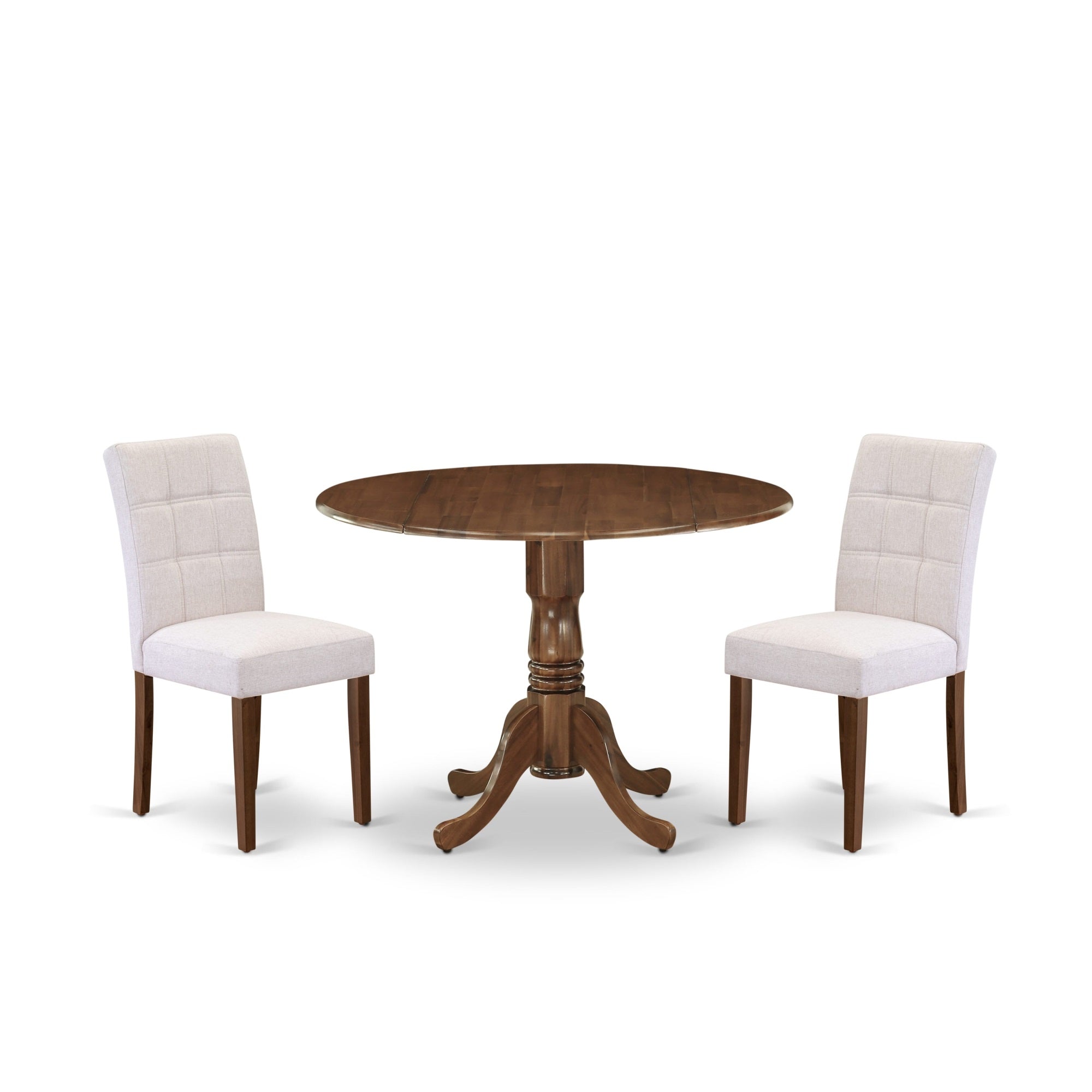 East West Furniture Dlas3-Awa-08 3 Piece Dinner Table Set Includes A Mid Century Modern Table And 2 Mist Beige Linen Fabric Dinning Chairs, Antique Walnut
