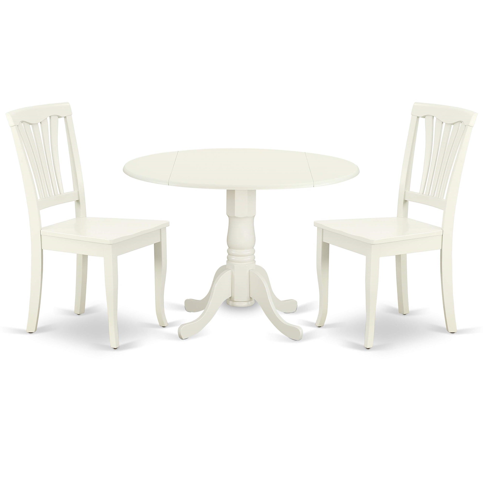 East West Furniture Dlav3-Lwh-W 3 Piece Dining Table Set For Small Spaces Contains A Round Dining Room Table With Dropleaf And 2 Wood Seat Chairs, 42X42 Inch, Linen White