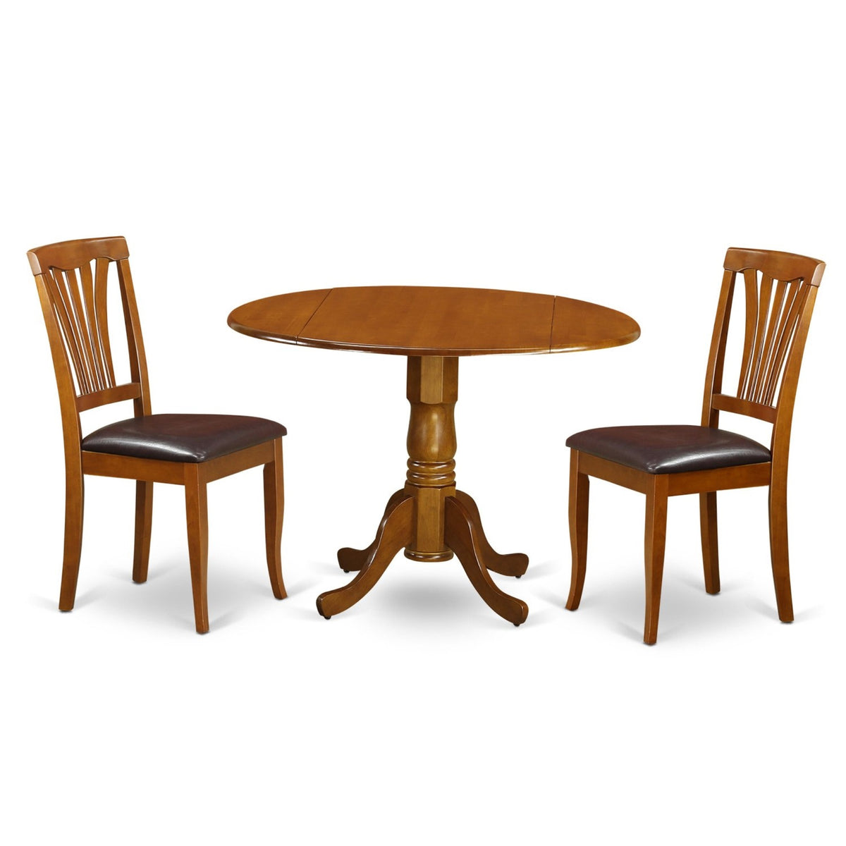 Casafoyer Dlav3-Sbr-Lc 3 Piece Dining Set Contains A Round Dining Table With Dropleaf And 2 Faux Leather Kitchen Room Chairs, 42X42 Inch, Saddle Brown
