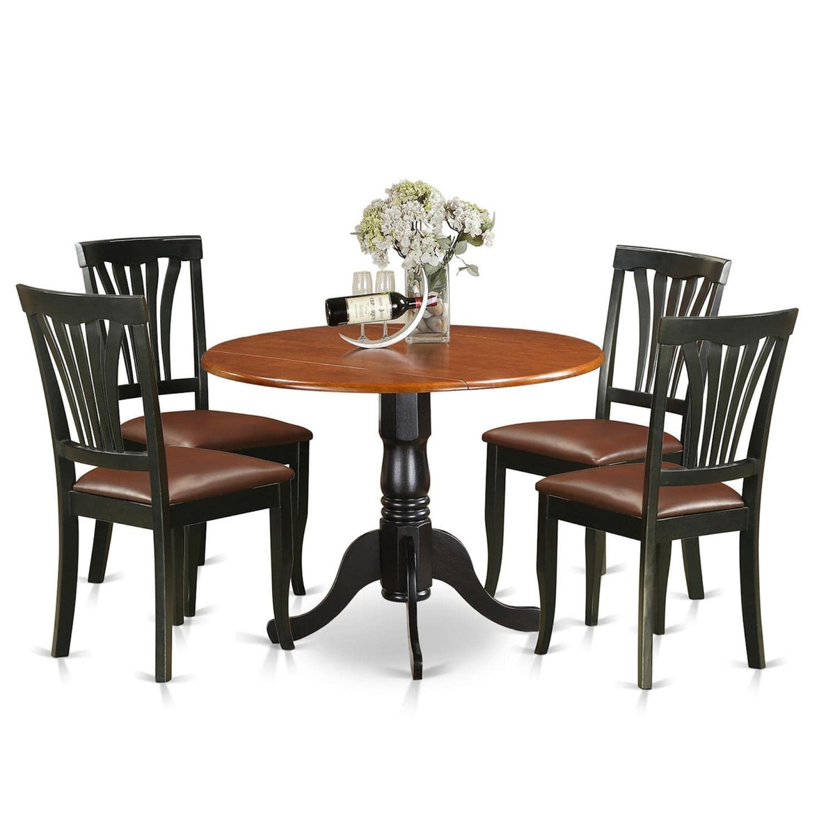 Casafoyer Dlav5-Bch-Lc 5 Piece Dinette Set For 4 Includes A Round Dining Room Table With Dropleaf And 4 Faux Leather Kitchen Dining Chairs, 42X42 Inch, Black & Cherry