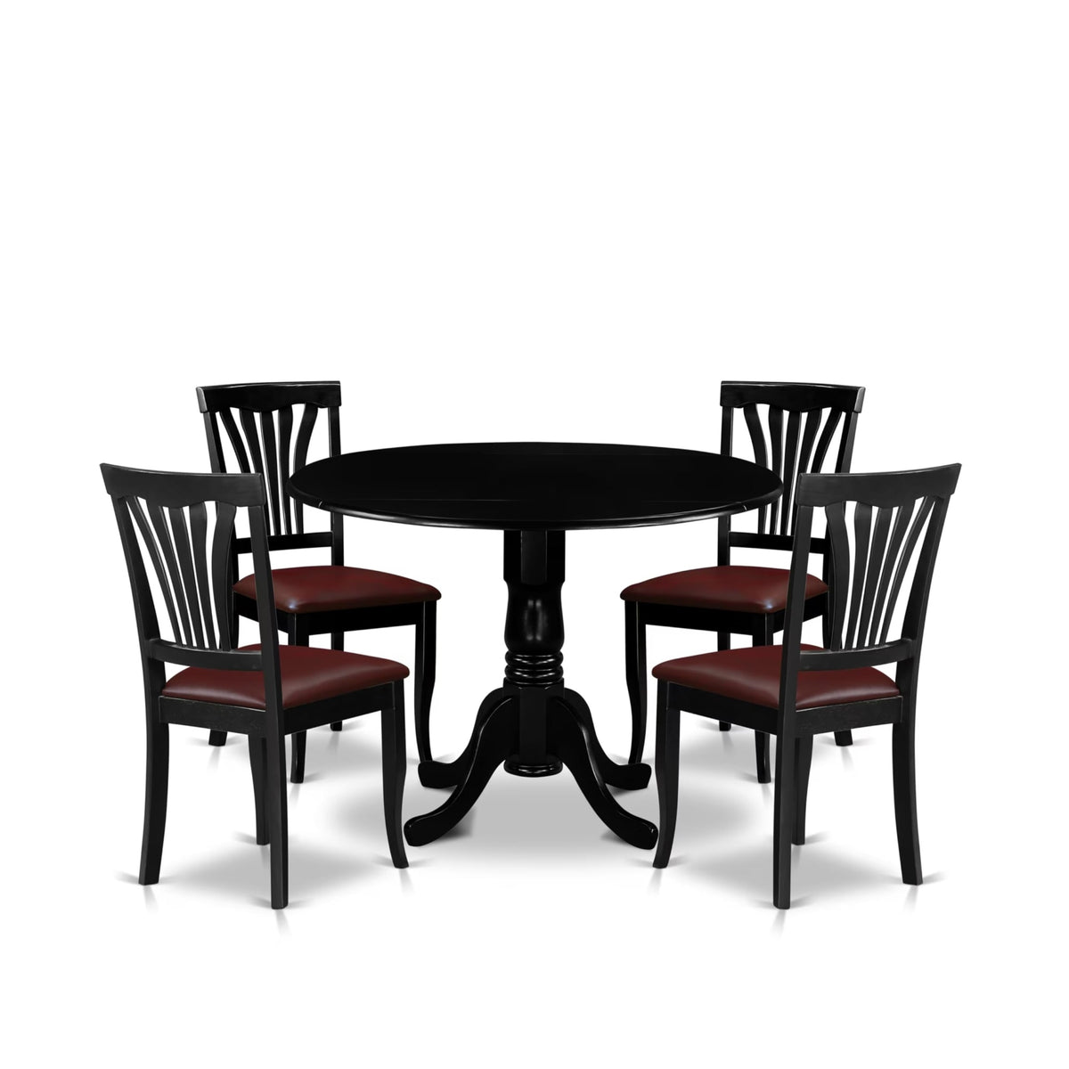 Casafoyer Dlav5-Blk-Lc 5 Piece Modern Dining Table Set Includes A Round Wooden Table With Dropleaf And 4 Faux Leather Upholstered Dining Chairs, 42X42 Inch, Black