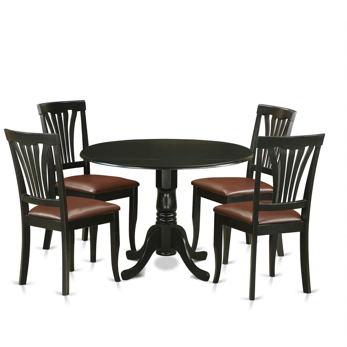 Ergode Dlav5-Blk-Lc, 5 Piece Modern Dining Table Set, Round Wooden Table With Dropleaf, 4 Faux Leather Upholstered Dining Chairs, 42X42 Inch, Black