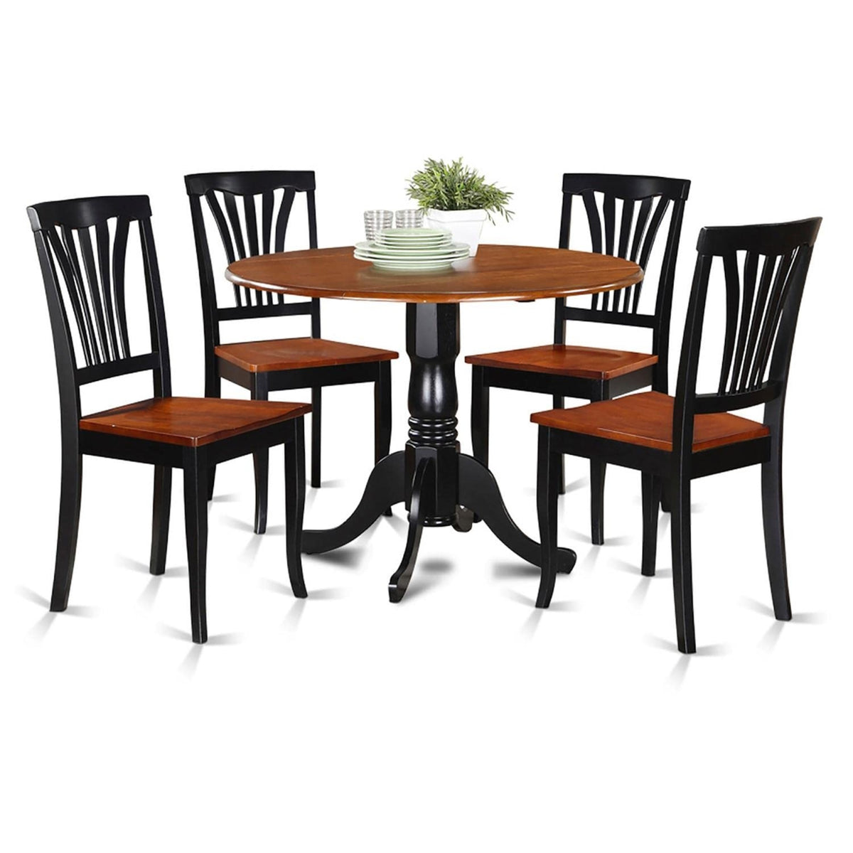Casafoyer Dlav5-Blk-W 5 Piece Dining Set Includes A Round Dining Room Table With Dropleaf And 4 Kitchen Chairs, 42X42 Inch, Black & Cherry