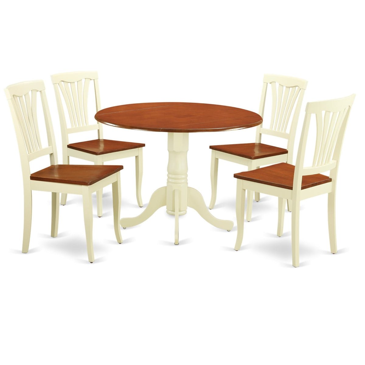 Ergode Dlav5-Bmk-W, 5 Piece Kitchen Table Set, Round Dining Room Table With Dropleaf, 4 Solid Wood Seat Chairs, 42X42 Inch, Buttermilk & Cherry