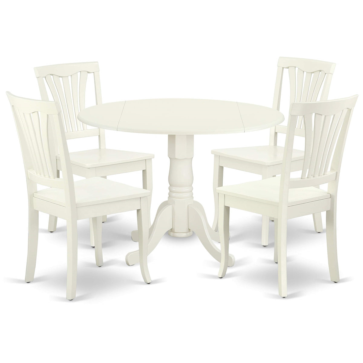 Ergode Dlav5-Lwh-W, 5 Piece Dining Set, Round Table With Dropleaf, 4 Wood Seat Chairs, 42X42 Inch, Linen White