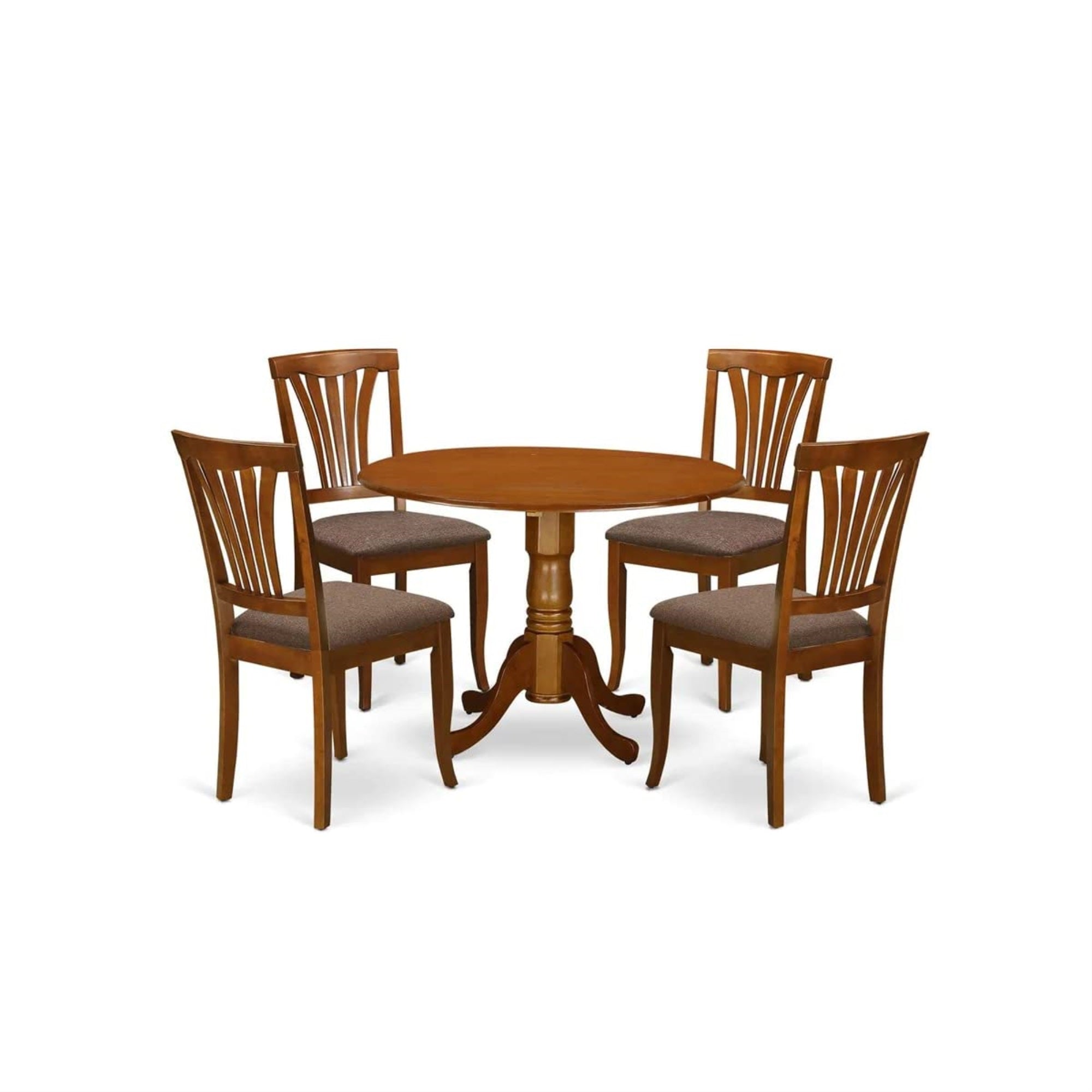 Ergode Dlav5-Sbr-C, 5-Piece Dining Set, Round Table With Dropleaf, 4 Linen Fabric Chairs, 42X42 Inch, Saddle Brown