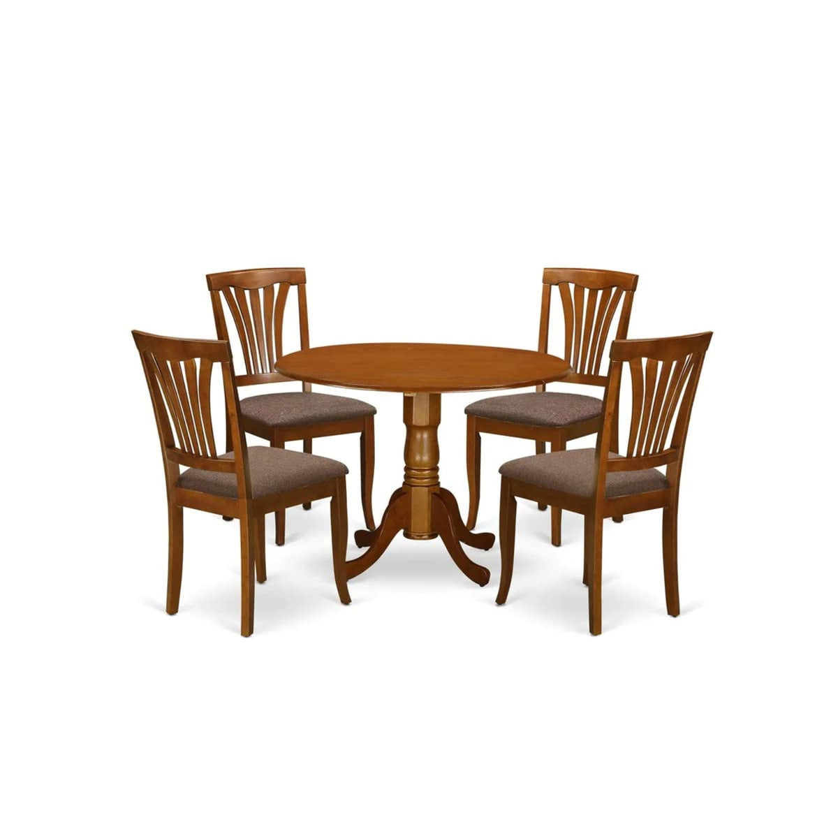 Ergode Dlav5-Sbr-C, 5-Piece Dining Set, Round Table With Dropleaf, 4 Linen Fabric Chairs, 42X42 Inch, Saddle Brown