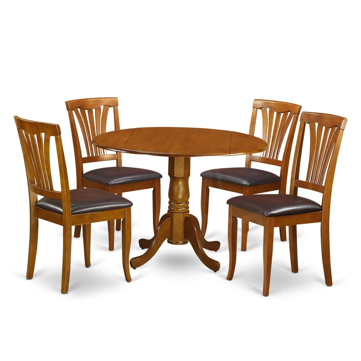 Casafoyer Dlav5-Sbr-Lc 5 Piece Dining Room Table Set Includes A Round Kitchen Table With Dropleaf And 4 Faux Leather Upholstered Dining Chairs, 42X42 Inch, Saddle Brown