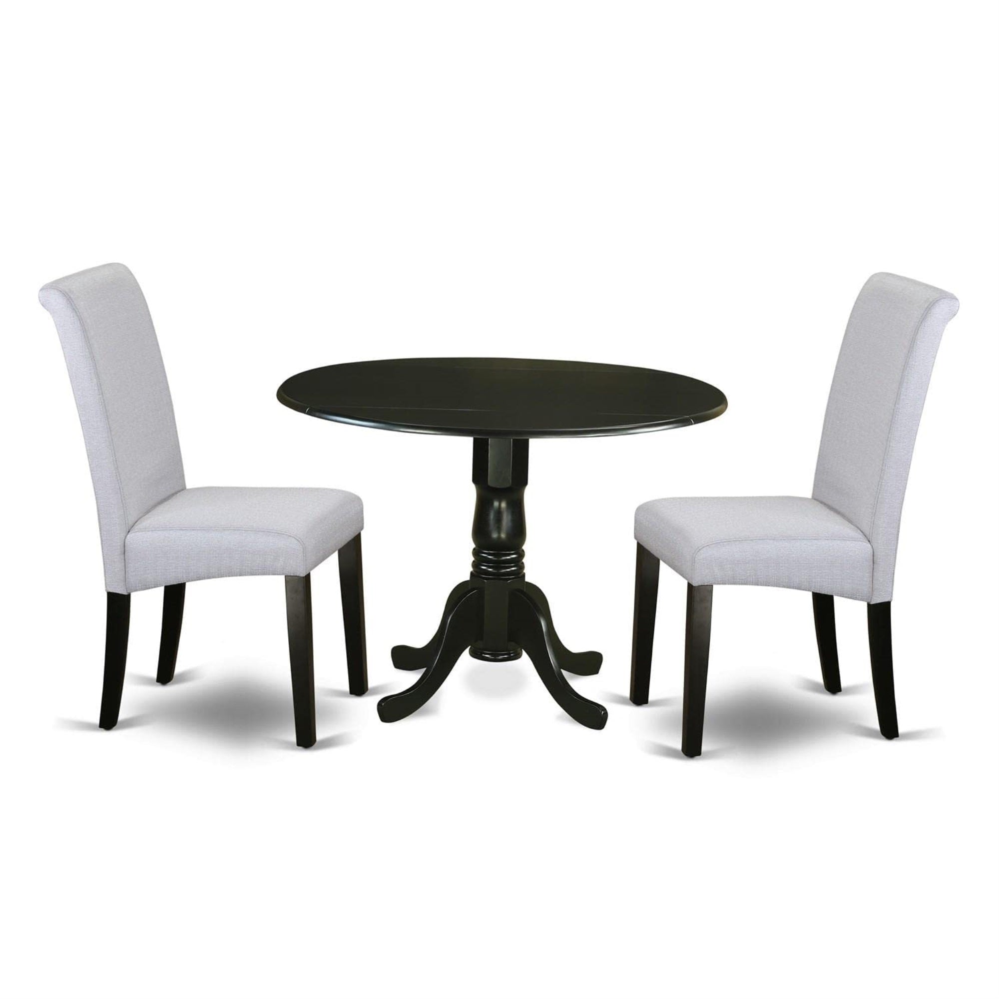 Casafoyer Dlba3-Blk-05 3 Piece Kitchen Table & Chairs Set Contains A Round Dining Room Table With Dropleaf And 2 Grey Linen Fabric Parsons Dining Chairs, 42X42 Inch, Black