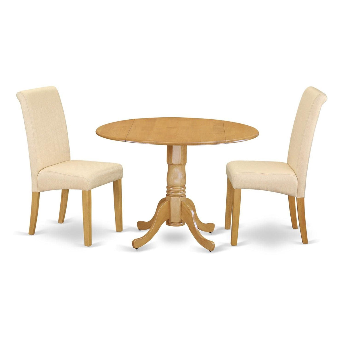 Casafoyer Dlba3-Oak-02 3 Piece Dining Room Table Set Contains A Round Dining Table With Dropleaf And 2 Light Beige Linen Fabric Upholstered Chairs, 42X42 Inch, Oak