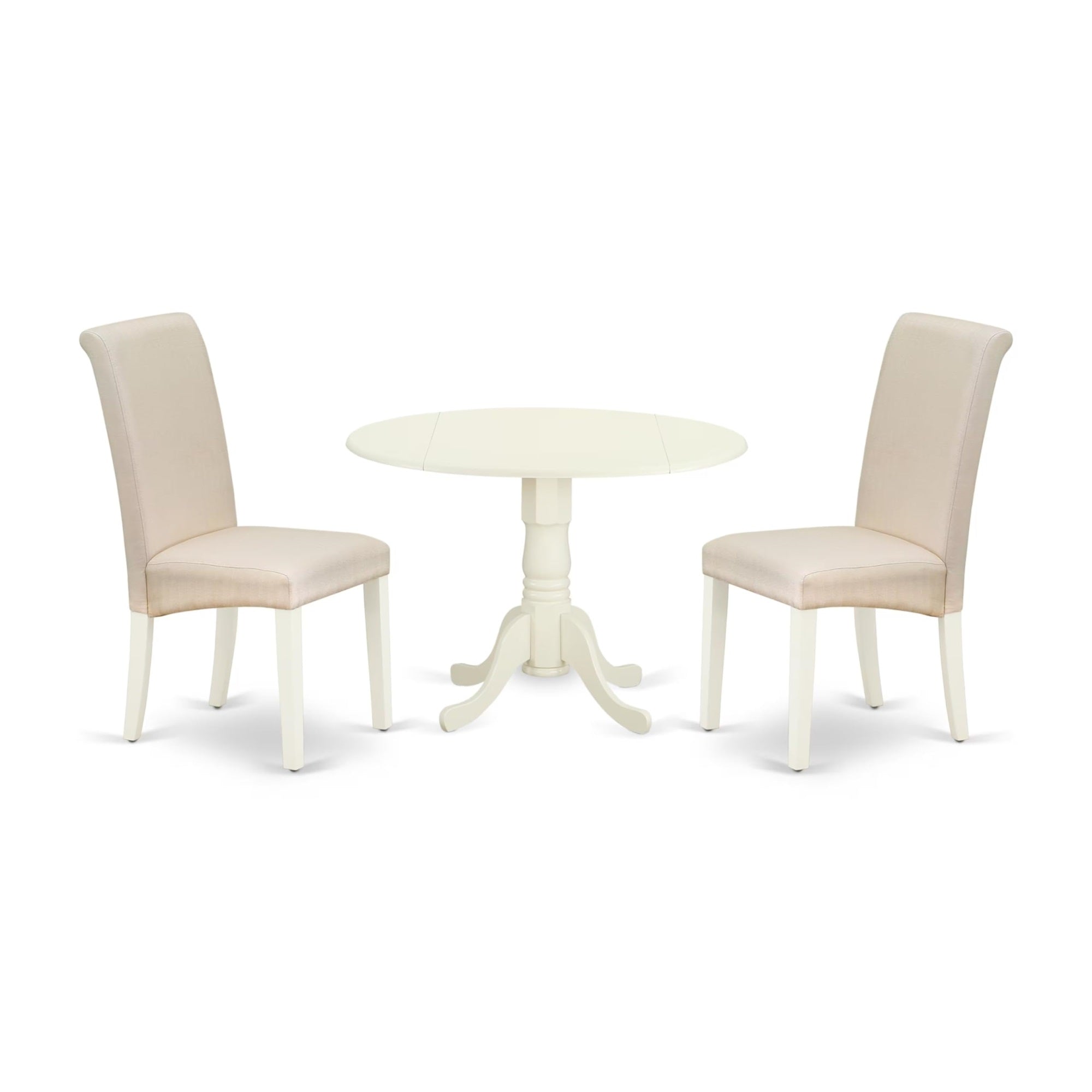 Casafoyer Dlba3-Whi-01 3 Piece Modern Dining Table Set Contains A Round Wooden Table With Dropleaf And 2 Cream Linen Fabric Upholstered Parson Chairs, 42X42 Inch, Linen White