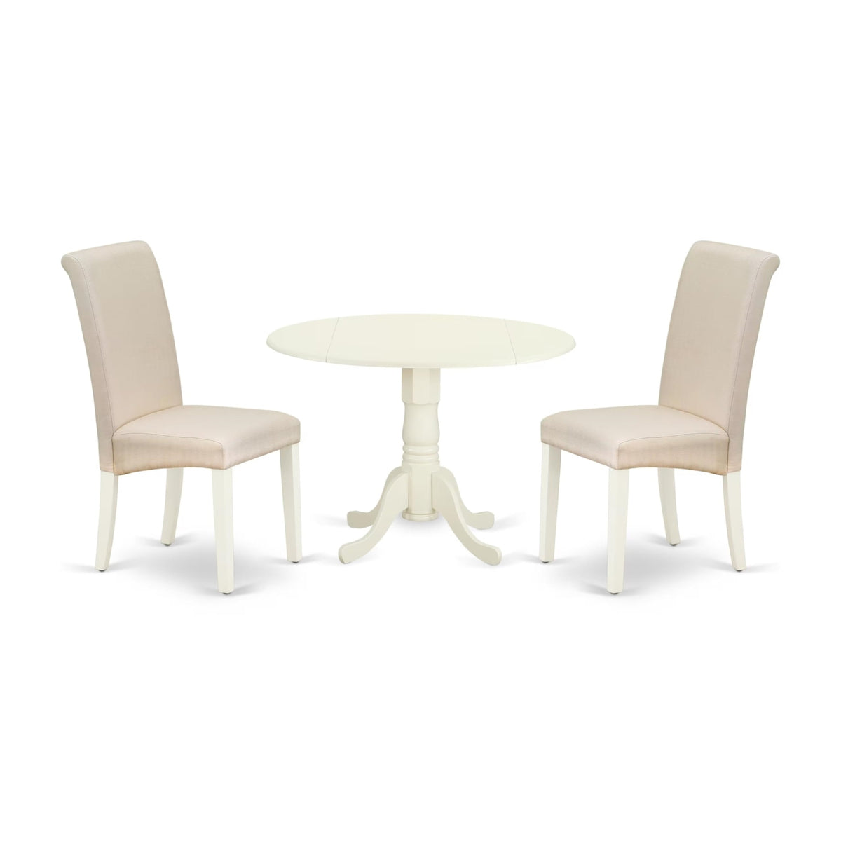 Casafoyer Dlba3-Whi-01 3 Piece Modern Dining Table Set Contains A Round Wooden Table With Dropleaf And 2 Cream Linen Fabric Upholstered Parson Chairs, 42X42 Inch, Linen White