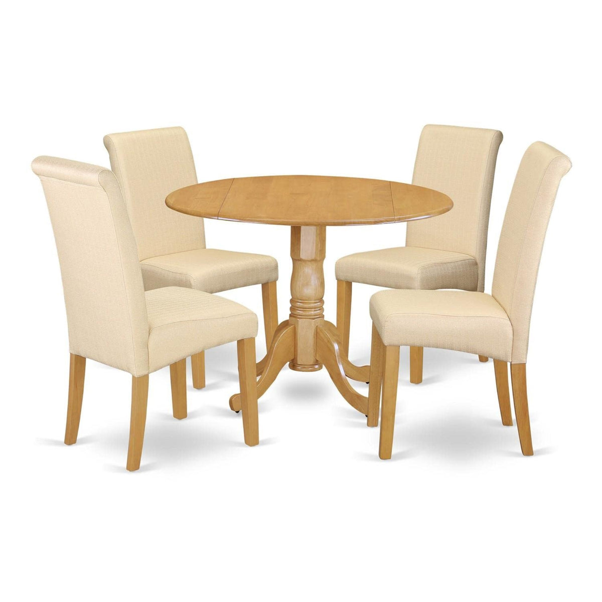 Casafoyer Dlba5-Oak-02 5 Piece Dining Set Includes A Round Dining Room Table With Dropleaf And 4 Light Beige Linen Fabric Upholstered Parson Chairs, 42X42 Inch, Oak