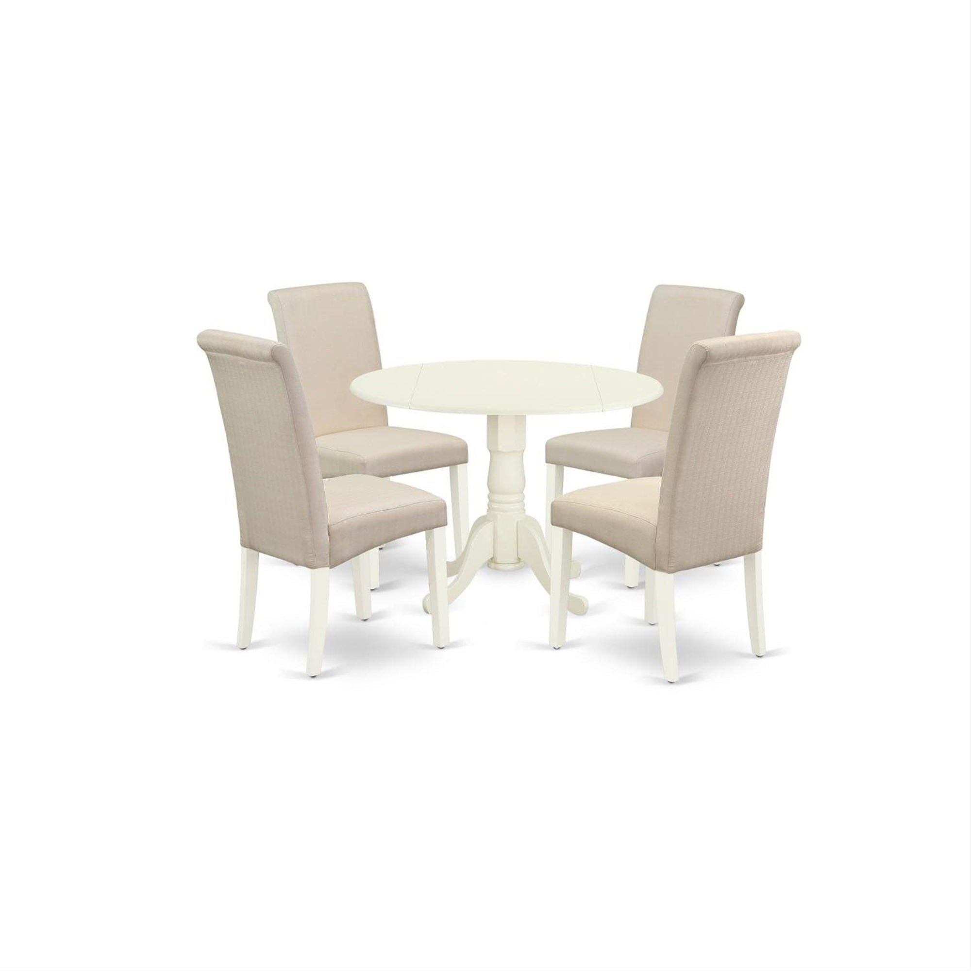 Casafoyer Dlba5-Whi-01 5 Piece Dining Table Set For 4 Includes A Round Kitchen Table With Dropleaf And 4 Cream Linen Fabric Parson Dining Chairs, 42X42 Inch, Linen White