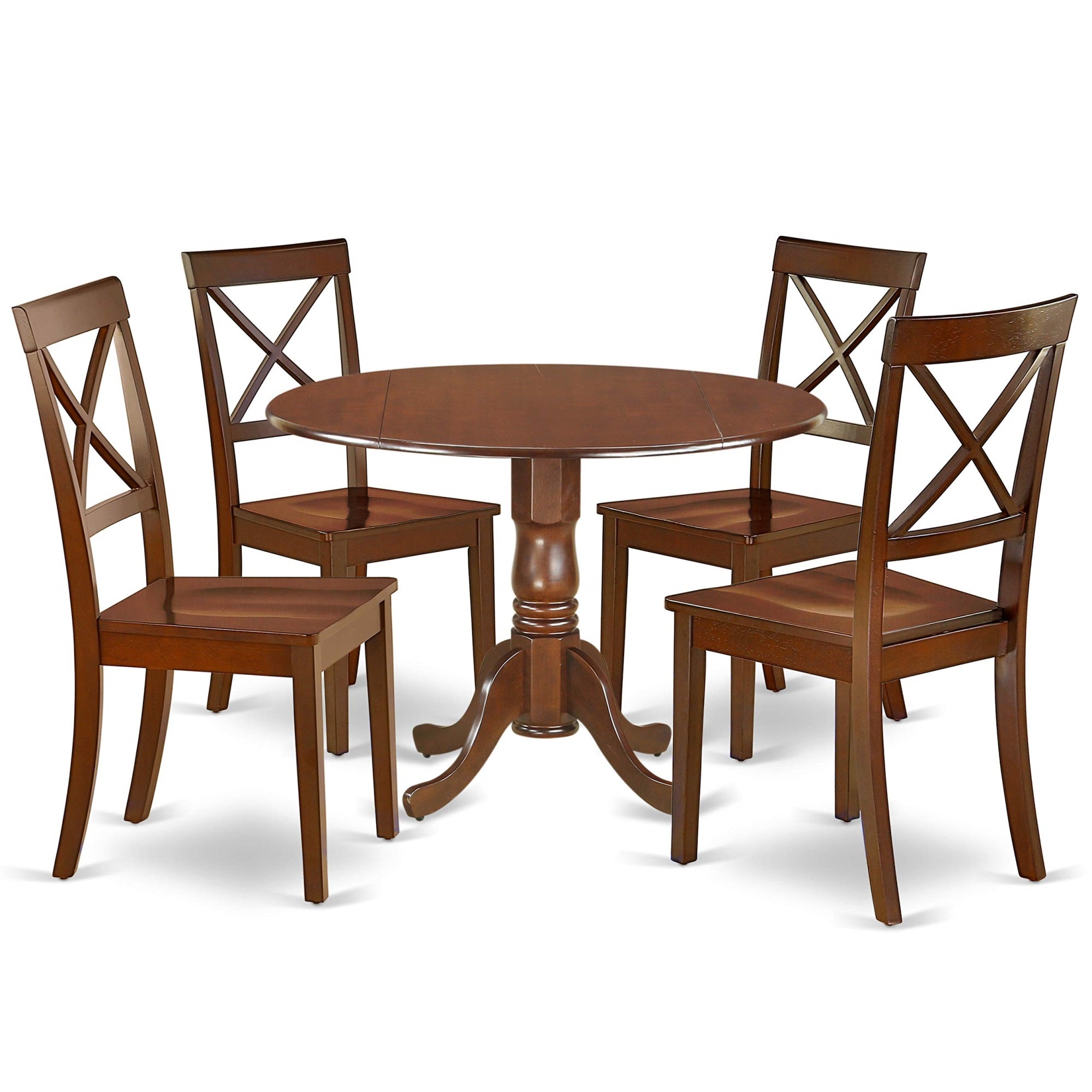 East West Furniture Dlbo5-Mah-W 5-Piece Dining Table Set - 4 Dining Room Chairs With Wooden Seat - A Lovely Kitchen Table With Two 9-Inch Drop Leaves (Mahogany Finish)