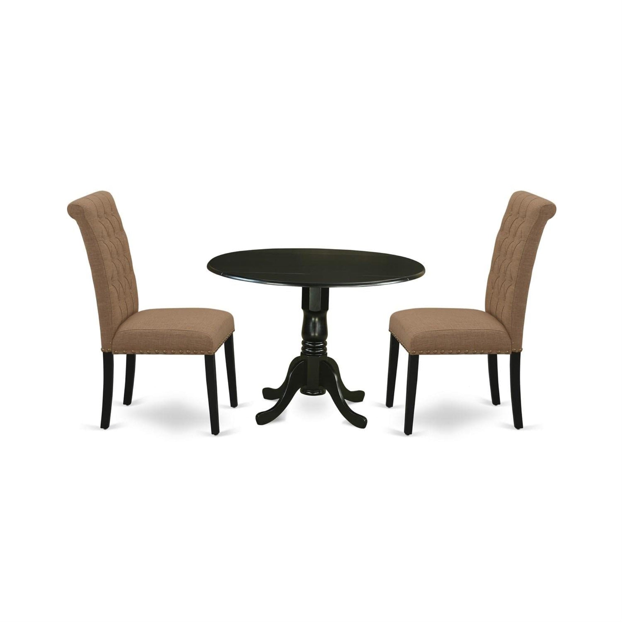 Casafoyer Dlbr3-Blk-17 3 Piece Dining Room Furniture Set Contains A Round Dining Table With Dropleaf And 2 Light Sable Linen Fabric Upholstered Chairs, 42X42 Inch, Black