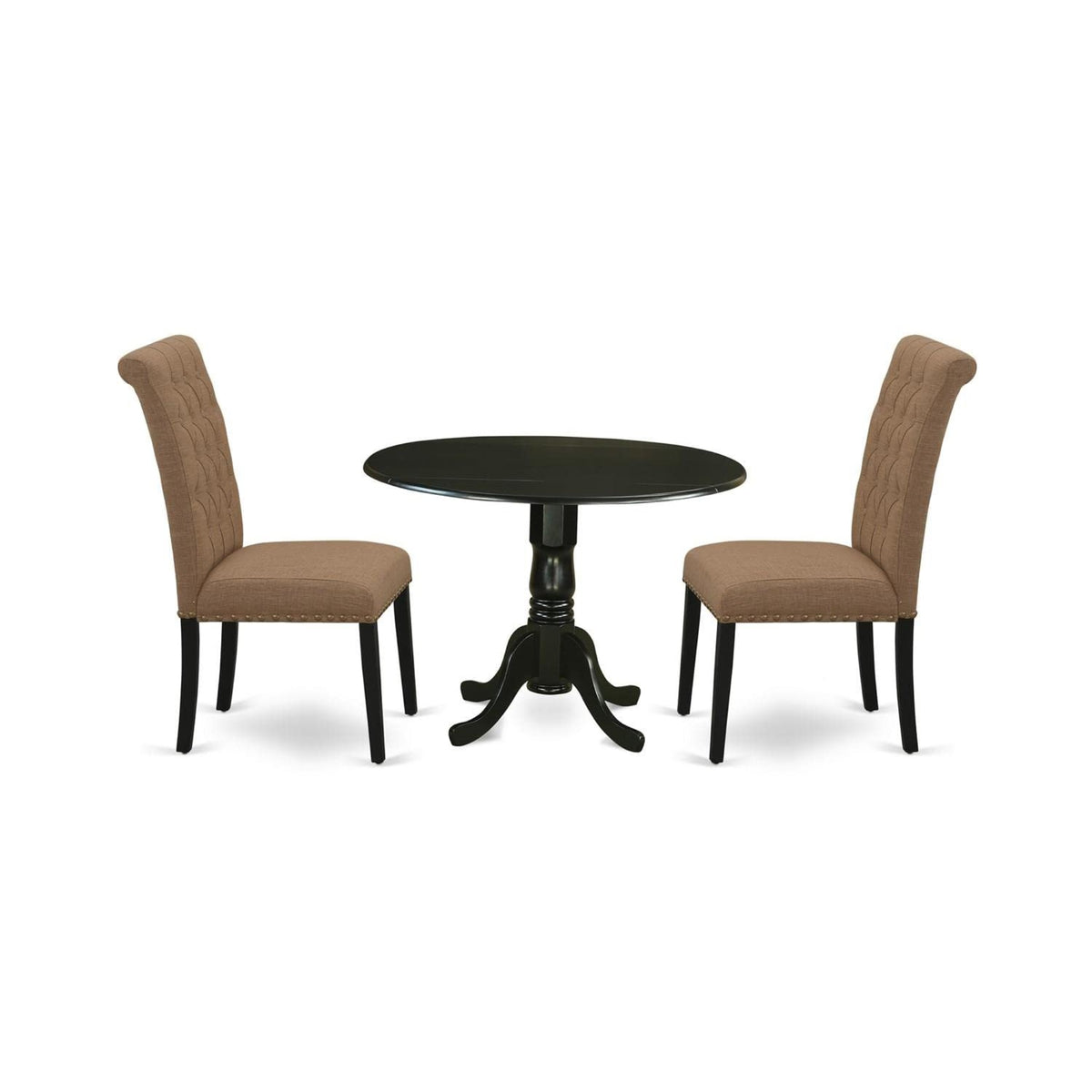 Casafoyer Dlbr3-Blk-17 3 Piece Dining Room Furniture Set Contains A Round Dining Table With Dropleaf And 2 Light Sable Linen Fabric Upholstered Chairs, 42X42 Inch, Black