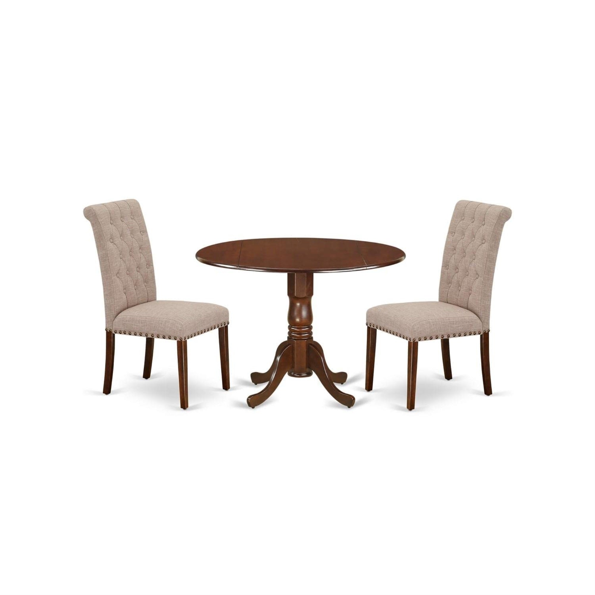 Casafoyer Dlbr3-Mah-04 3 Piece Dining Room Furniture Set Contains A Round Dining Table With Dropleaf And 2 Light Tan Linen Fabric Parsons Chairs, 42X42 Inch, Mahogany