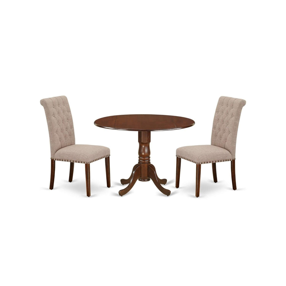 Casafoyer Dlbr3-Mah-04 3 Piece Dining Room Furniture Set Contains A Round Dining Table With Dropleaf And 2 Light Tan Linen Fabric Parsons Chairs, 42X42 Inch, Mahogany