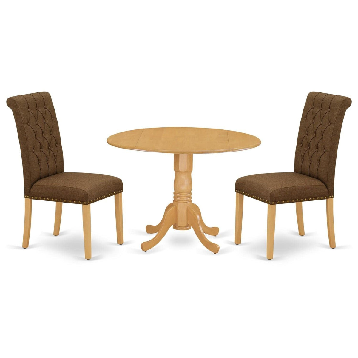 Casafoyer Dlbr3-Oak-18 3 Piece Kitchen Table & Chairs Set Contains A Round Dining Table With Dropleaf And 2 Brown Linen Linen Fabric Upholstered Chairs, 42X42 Inch, Oak