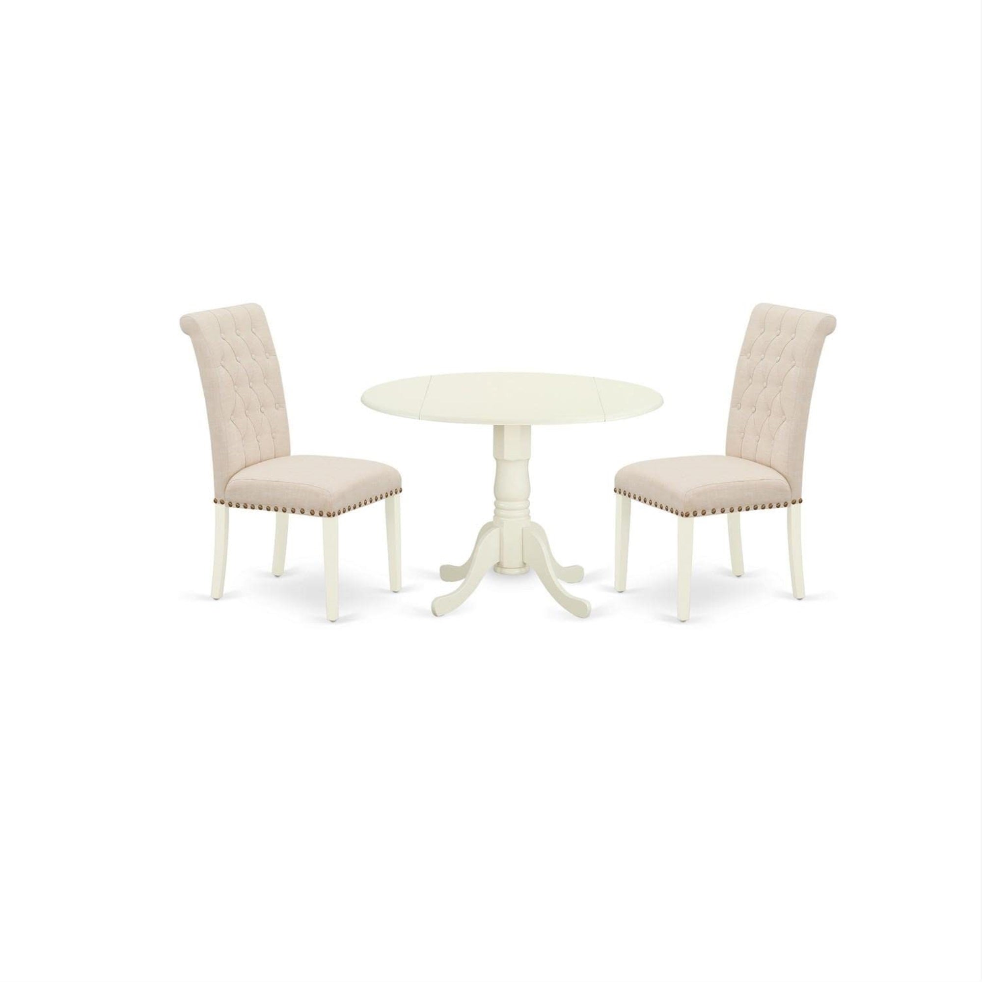 Casafoyer Dlbr3-Whi-02 3 Piece Modern Dining Table Set Contains A Round Wooden Table With Dropleaf And 2 Light Beige Linen Fabric Parson Dining Chairs, 42X42 Inch, Linen White