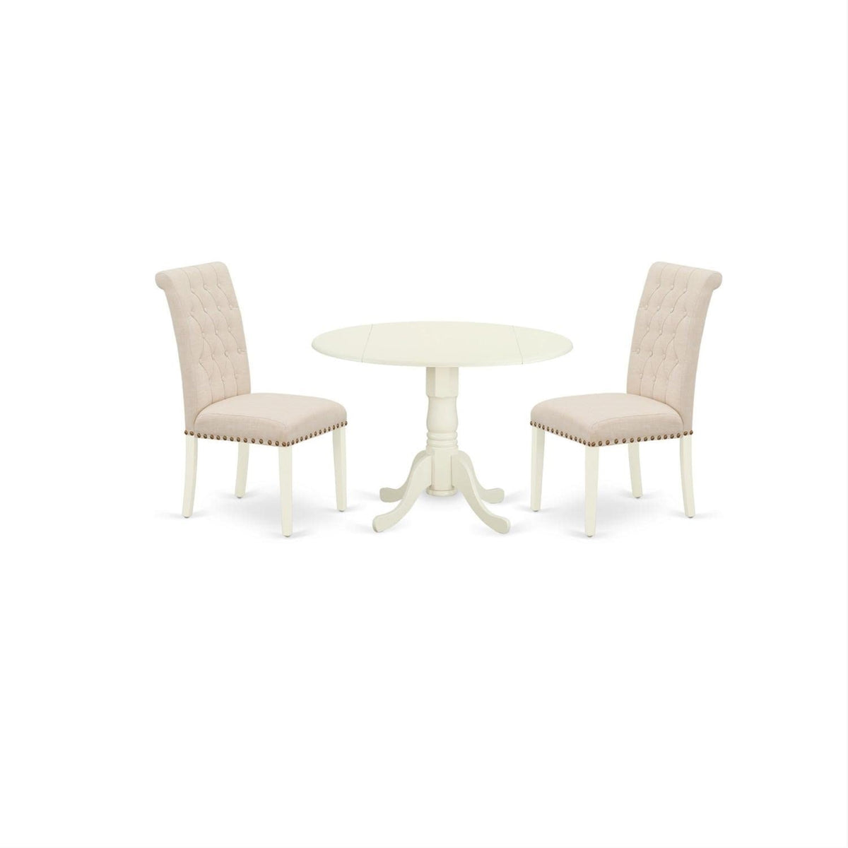Casafoyer Dlbr3-Whi-02 3 Piece Modern Dining Table Set Contains A Round Wooden Table With Dropleaf And 2 Light Beige Linen Fabric Parson Dining Chairs, 42X42 Inch, Linen White