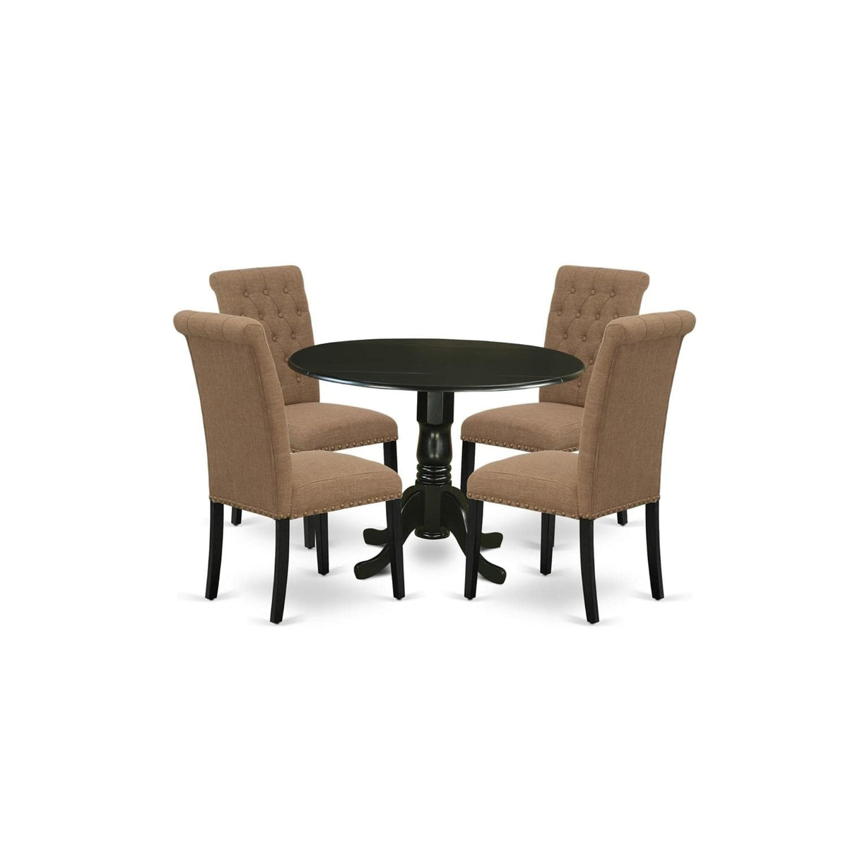Casafoyer Dlbr5-Blk-17 5 Piece Kitchen Table & Chairs Set Includes A Round Dining Room Table With Dropleaf And 4 Light Sable Linen Fabric Parsons Chairs, 42X42 Inch, Black