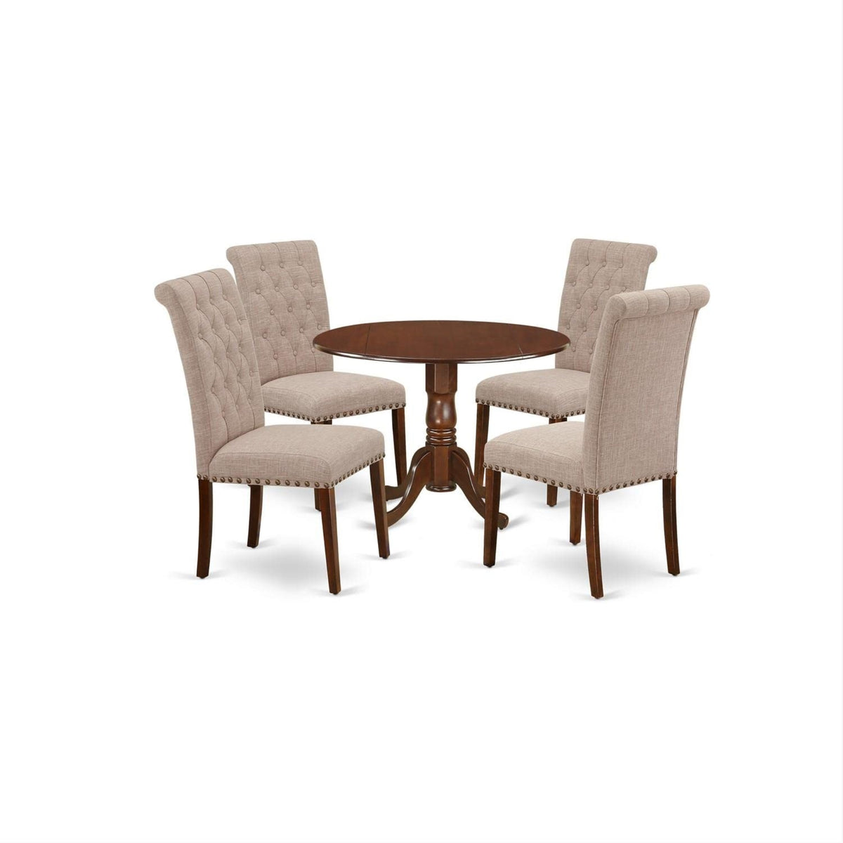 Casafoyer Dlbr5-Mah-04 5 Piece Dining Room Furniture Set Includes A Round Dining Table With Dropleaf And 4 Light Tan Linen Fabric Upholstered Chairs, 42X42 Inch, Mahogany