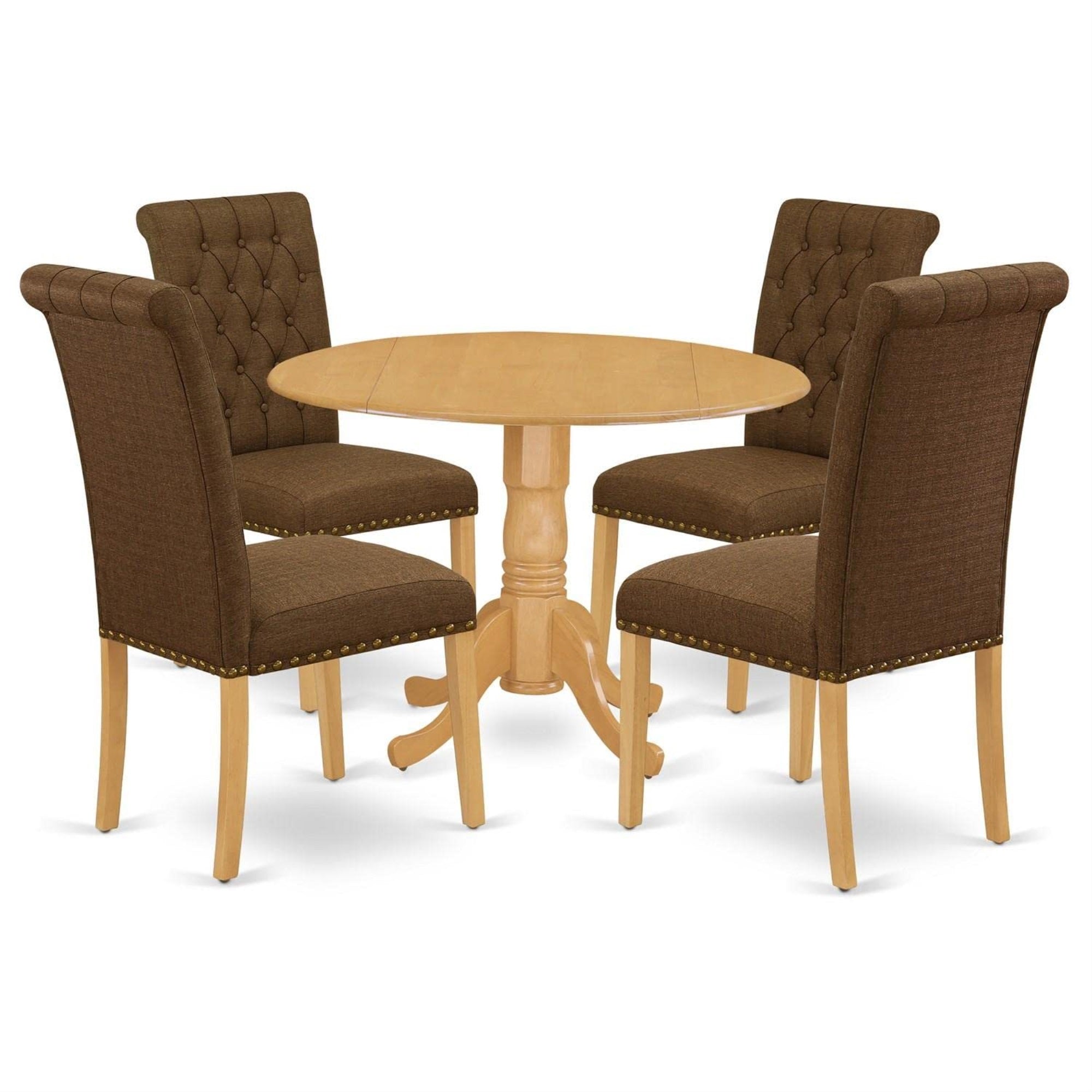 Casafoyer Dlbr5-Oak-18 5 Piece Dining Room Table Set Includes A Round Dining Table With Dropleaf And 4 Brown Linen Linen Fabric Upholstered Parson Chairs, 42X42 Inch, Oak