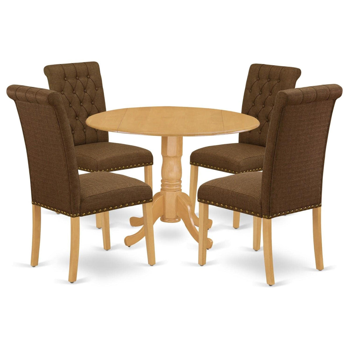 Casafoyer Dlbr5-Oak-18 5 Piece Dining Room Table Set Includes A Round Dining Table With Dropleaf And 4 Brown Linen Linen Fabric Upholstered Parson Chairs, 42X42 Inch, Oak
