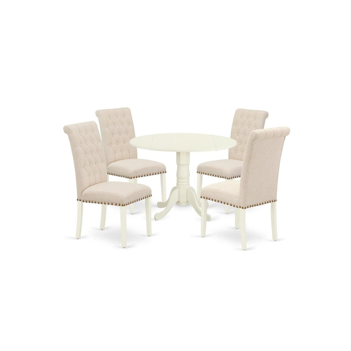 Casafoyer Dlbr5-Whi-02 5 Piece Dining Table Set For 4 Includes A Round Kitchen Table With Dropleaf And 4 Light Beige Linen Fabric Upholstered Chairs, 42X42 Inch, Linen White