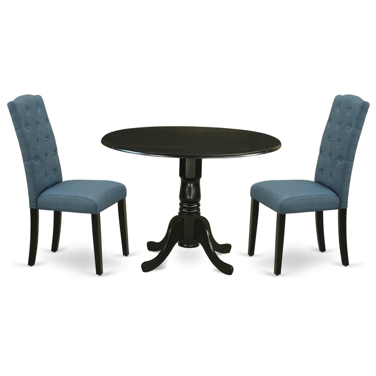 Casafoyer Dlce3-Blk-21 3 Piece Dining Table Set Contains A Round Dining Room Table With Dropleaf And 2 Mineral Blue Linen Fabric Upholstered Chairs, 42X42 Inch, Black