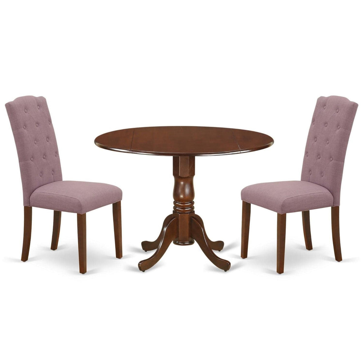 Casafoyer Dlce3-Mah-10 Dublin 3 Piece Dinette Set For Small Spaces Contains A Round Table With Dropleaf And 2 Dahlia Linen Fabric Parsons Dining Chairs, 42X42 Inch, Mahogany