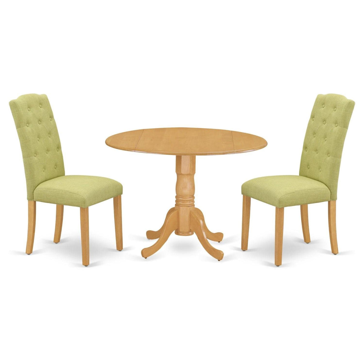 Casafoyer Dlce3-Oak-07 3 Piece Dining Set Contains A Round Dining Room Table With Dropleaf And 2 Limelight Linen Fabric Upholstered Parson Chairs, 42X42 Inch, Oak