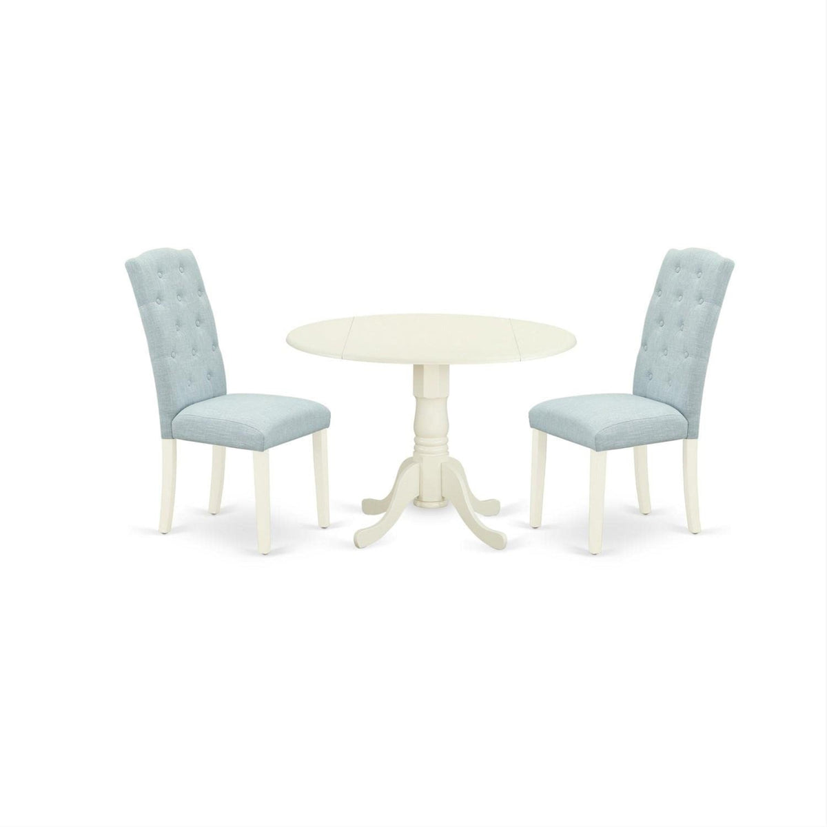 Casafoyer Dlce3-Whi-15 3 Piece Dining Table Set Contains A Round Dining Room Table With Dropleaf And 2 Baby Blue Linen Fabric Upholstered Chairs, 42X42 Inch, Linen White