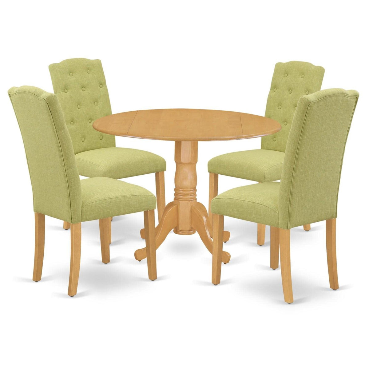 Casafoyer Dlce5-Oak-07 5 Piece Dining Table Set For 4 Includes A Round Kitchen Table With Dropleaf And 4 Limelight Linen Fabric Parson Dining Chairs, 42X42 Inch, Oak