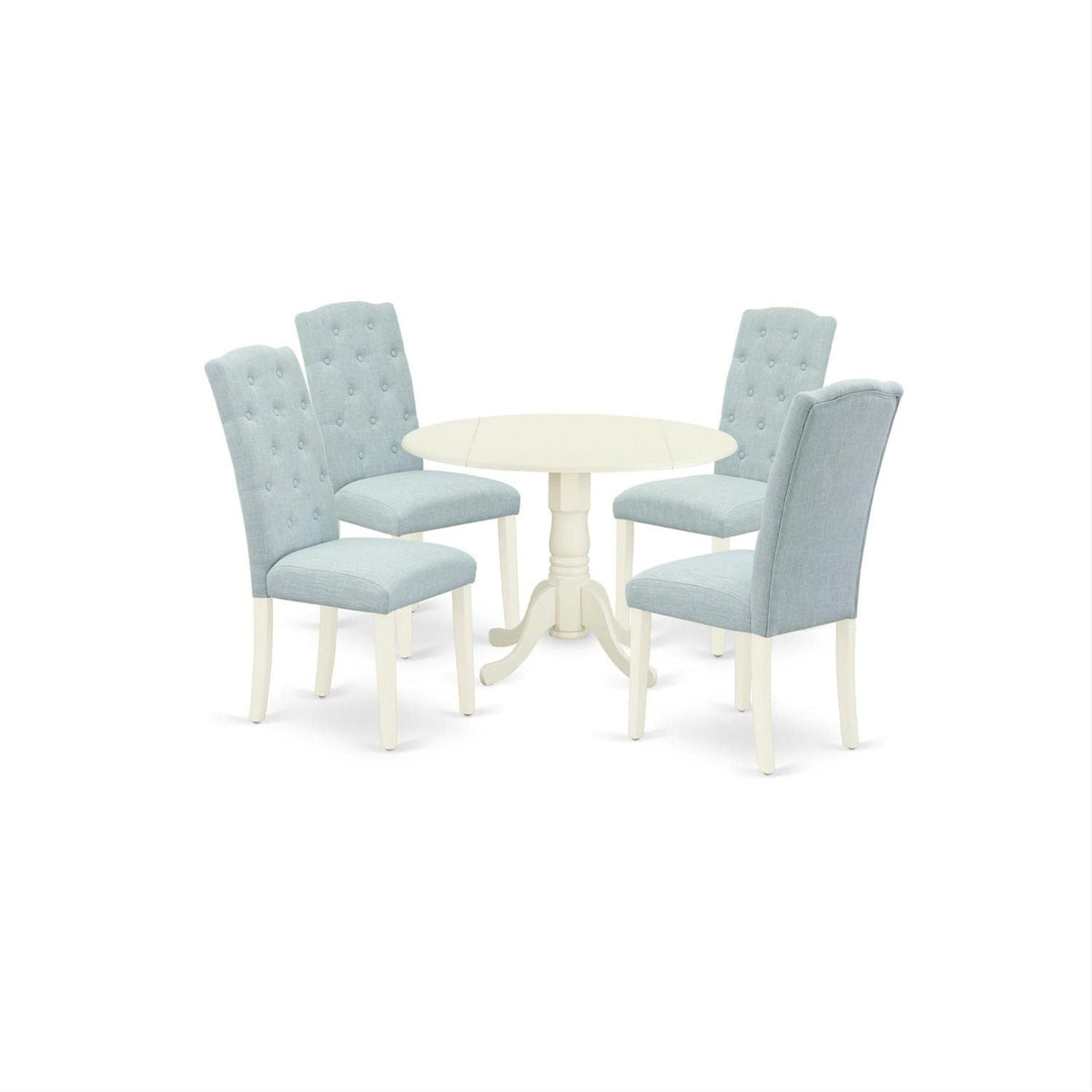 Casafoyer Dlce5-Whi-15 Dublin 5 Piece Set Includes A Round Dining Room Table With Dropleaf And 4 Baby Blue Fabric Upholstered Chairs, 42X42 Inch, Linen White